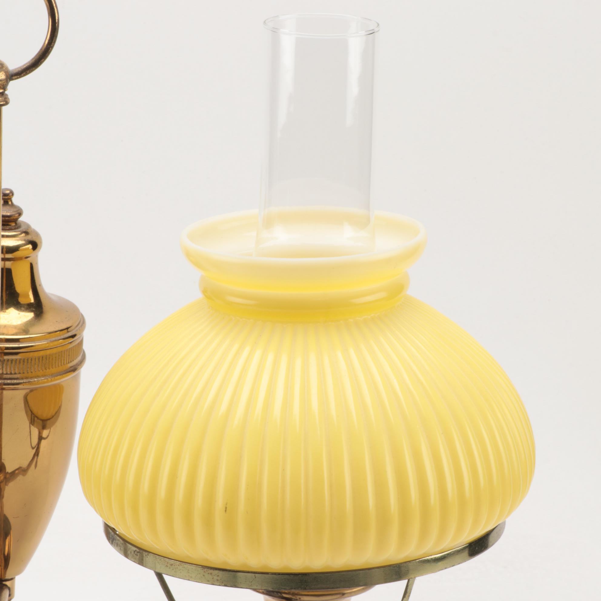 Brass Student Double Lamp with Yellow Shade and Glass Chimneys