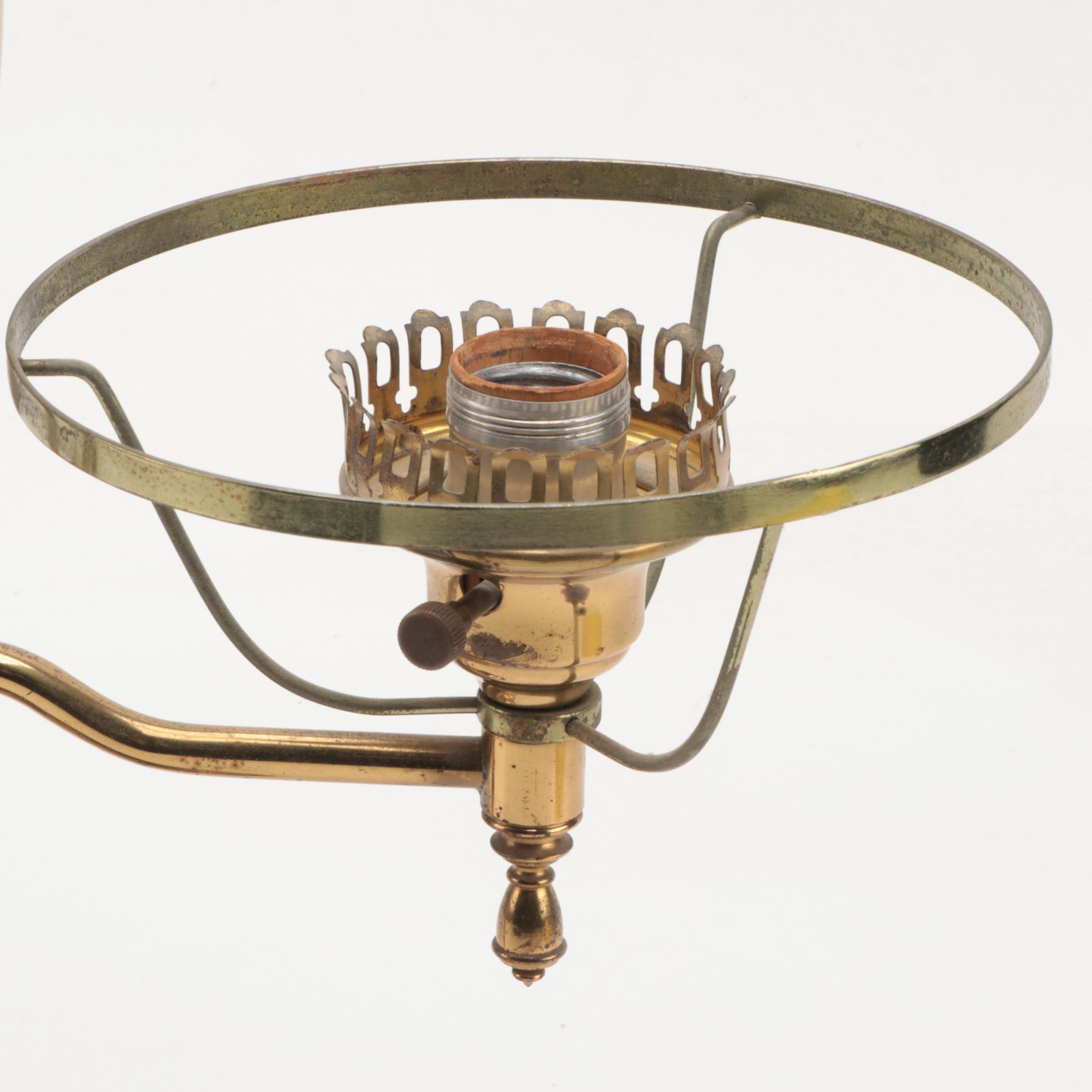Brass Student Double Lamp with Yellow Shade and Glass Chimneys