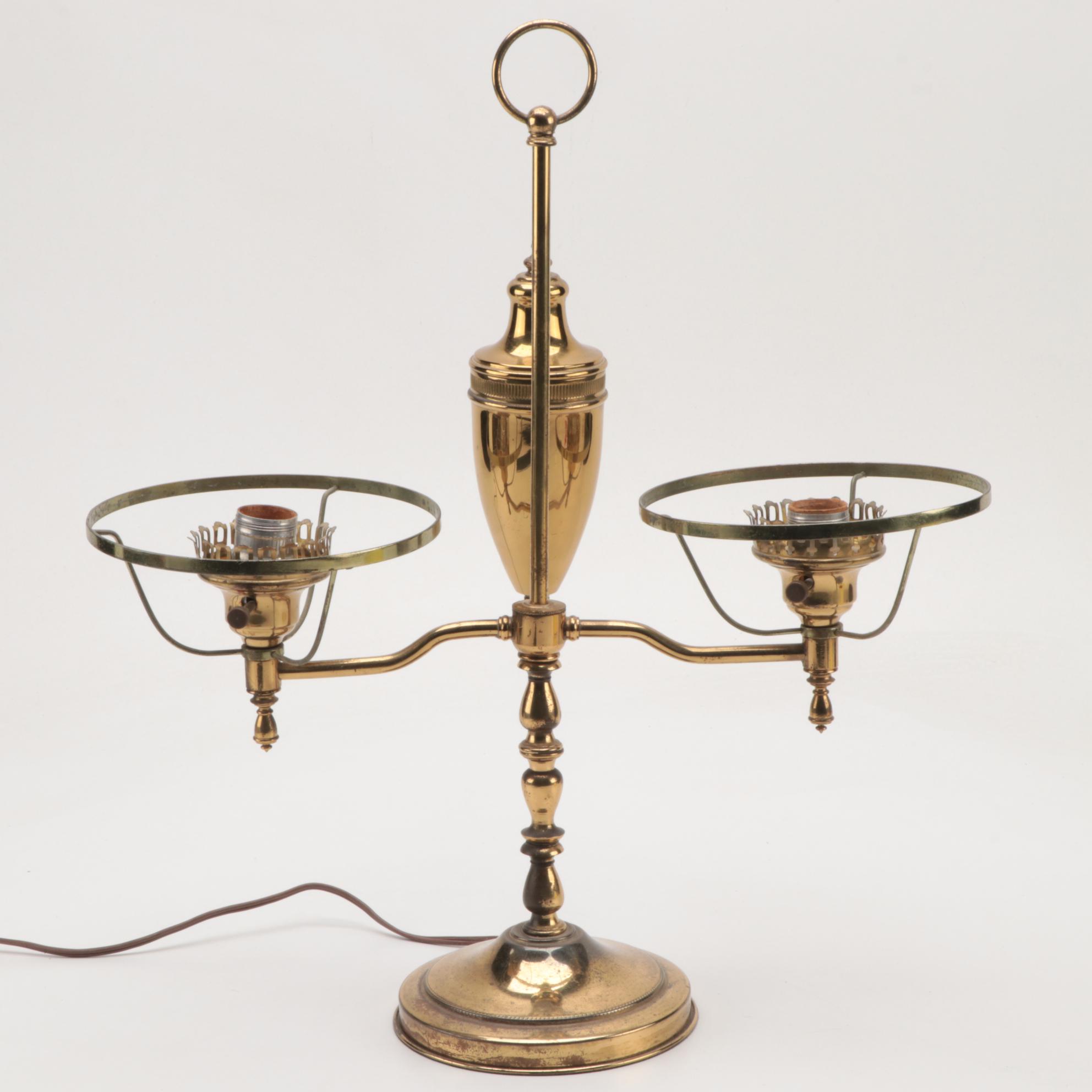 Brass Student Double Lamp with Yellow Shade and Glass Chimneys