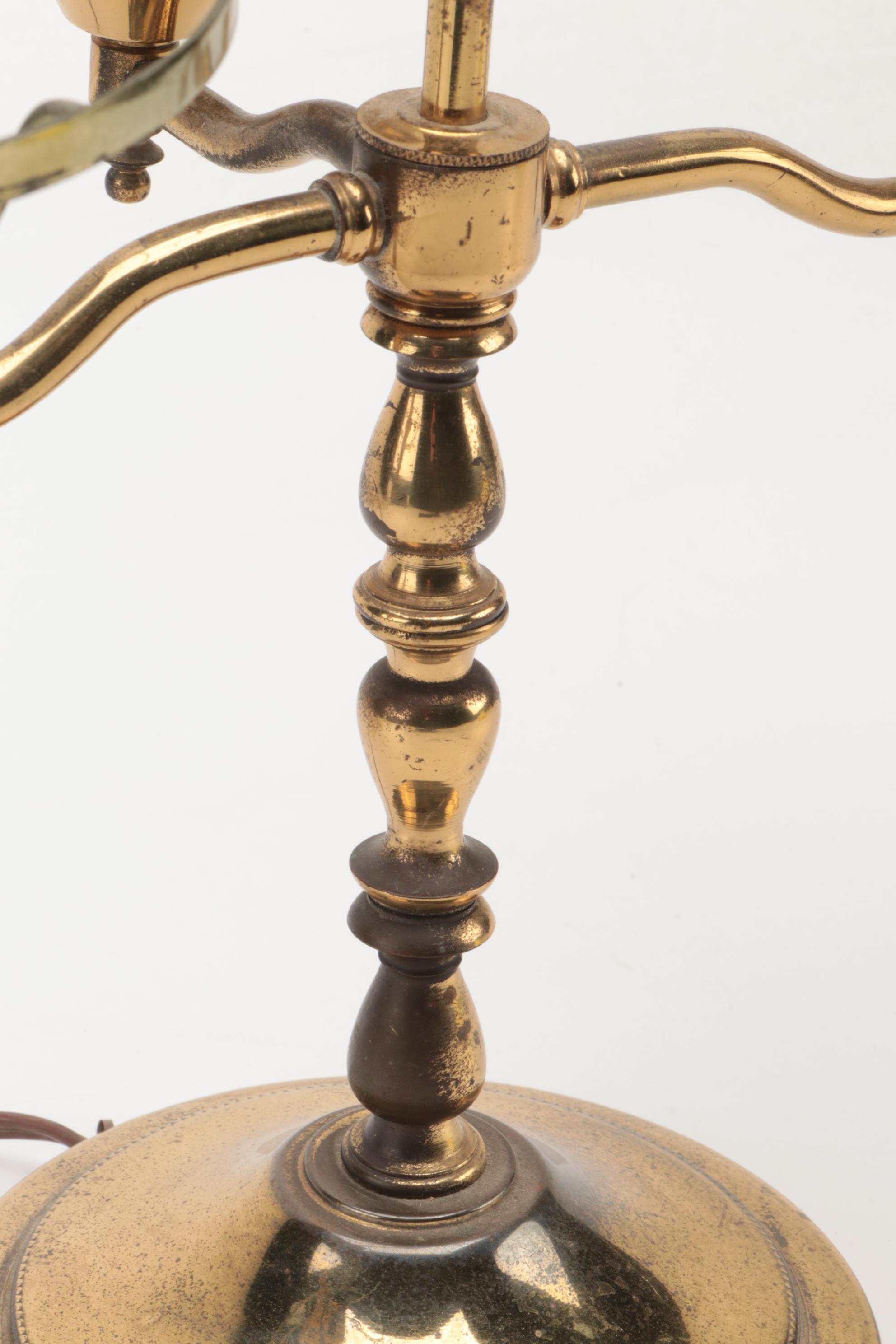 Brass Student Double Lamp with Yellow Shade and Glass Chimneys