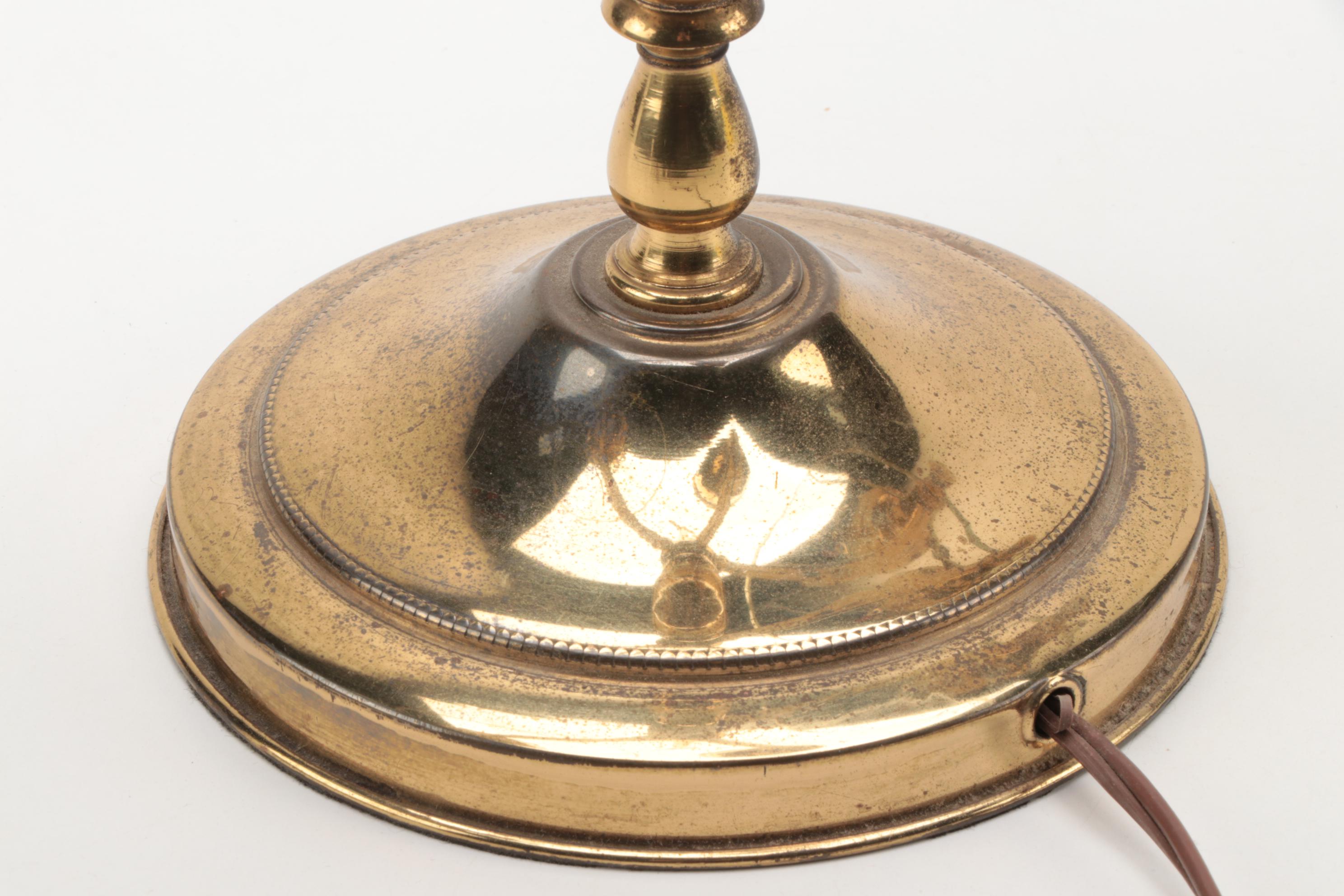 Brass Student Double Lamp with Yellow Shade and Glass Chimneys