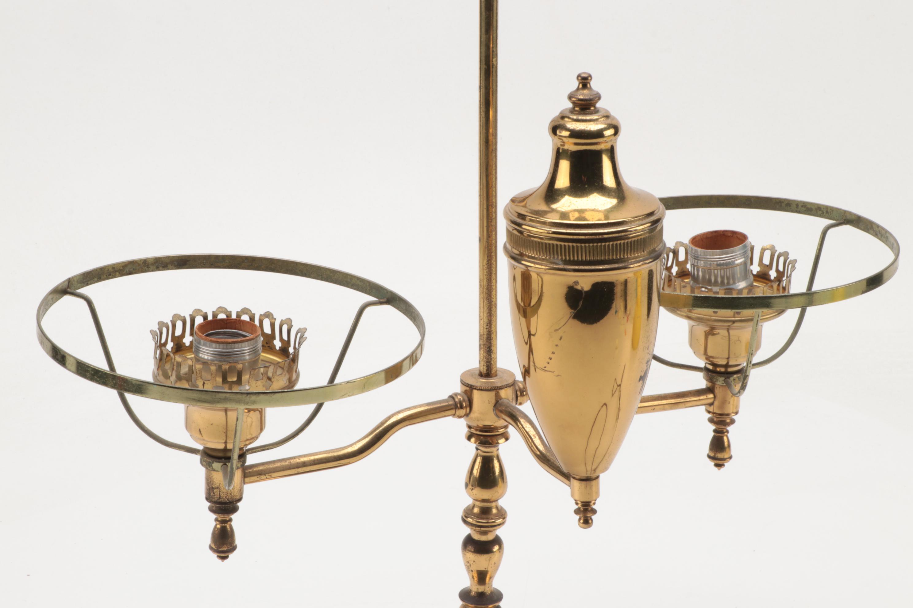 Brass Student Double Lamp with Yellow Shade and Glass Chimneys