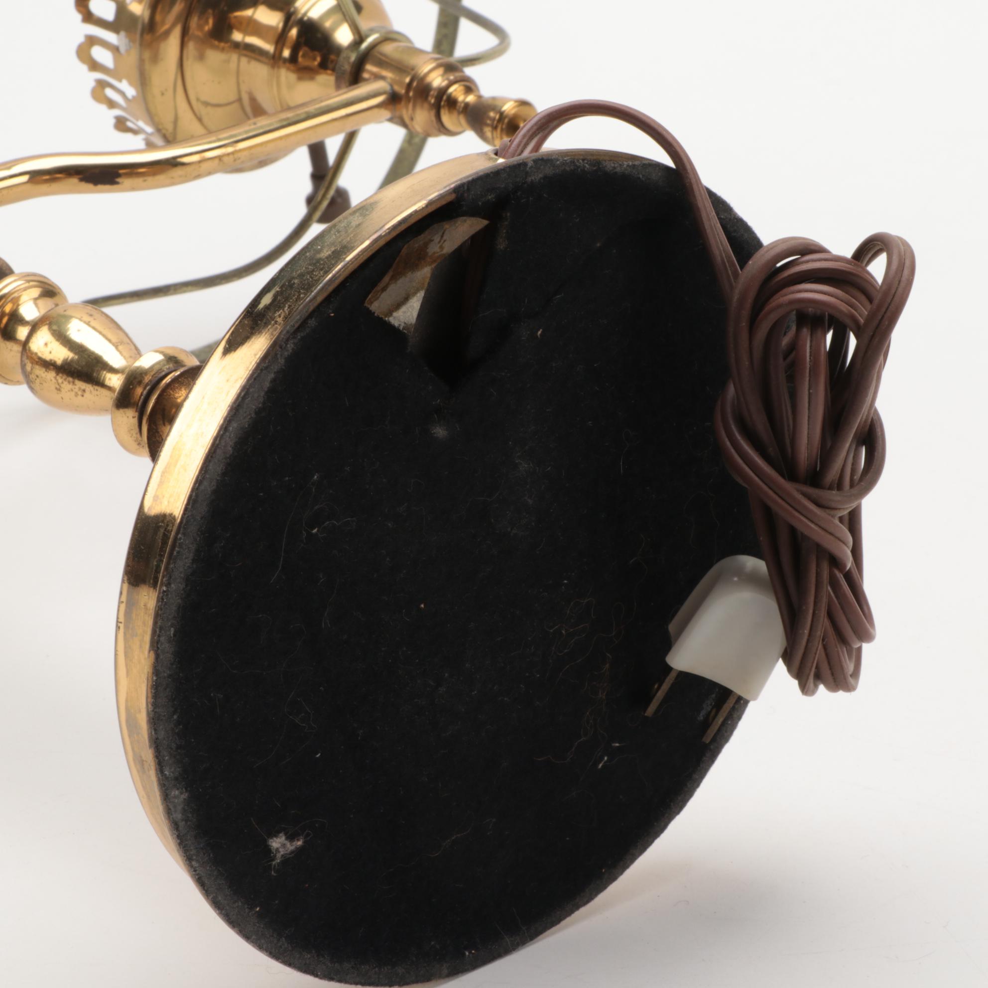 Brass Student Double Lamp with Yellow Shade and Glass Chimneys