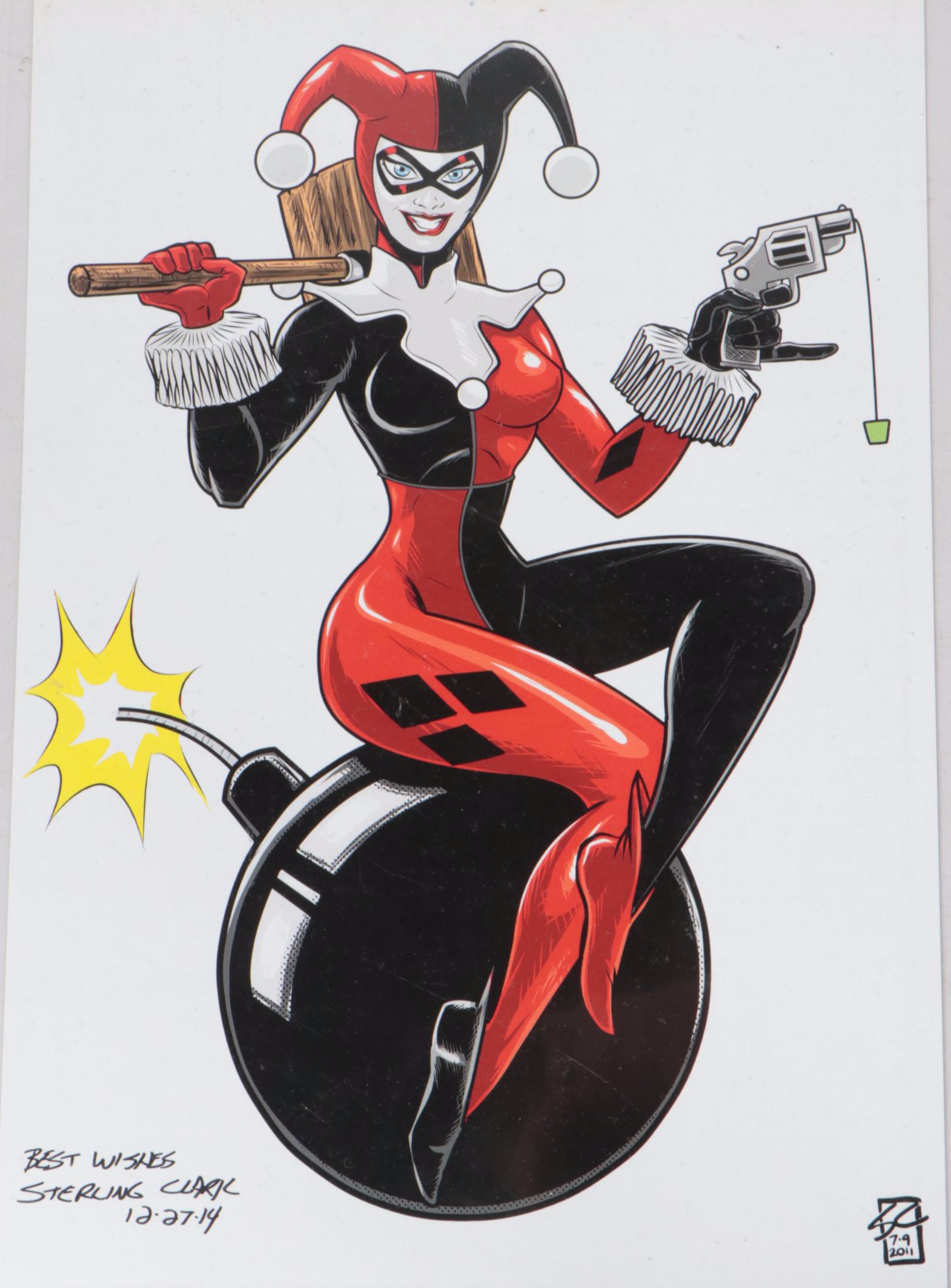 Sterling Clark Signed "Harley Quinn" Drawing and Other Comic Book Drawings