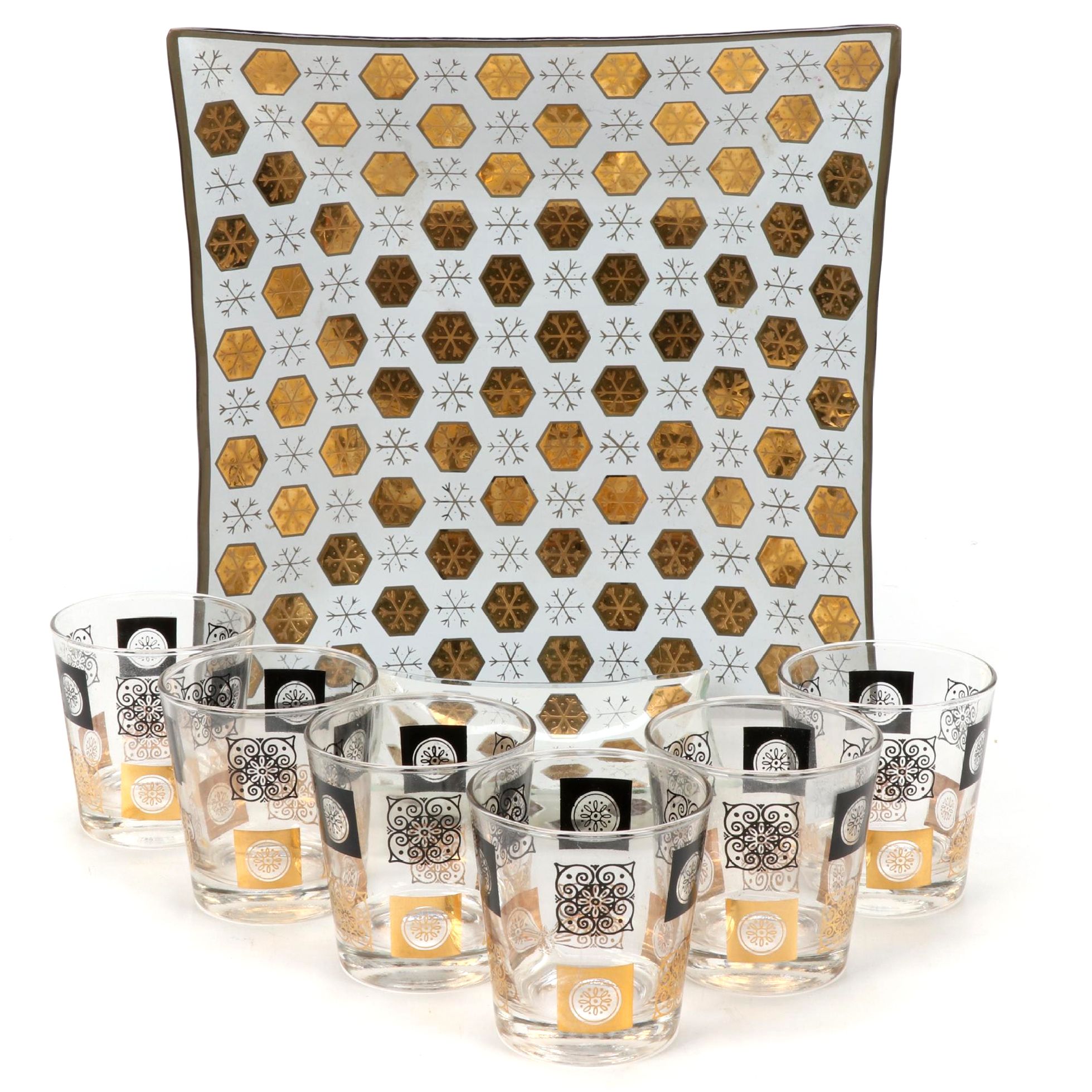Fred Press Black and Gold Single Old Fashioned Glasses and Smoke Glass Trays