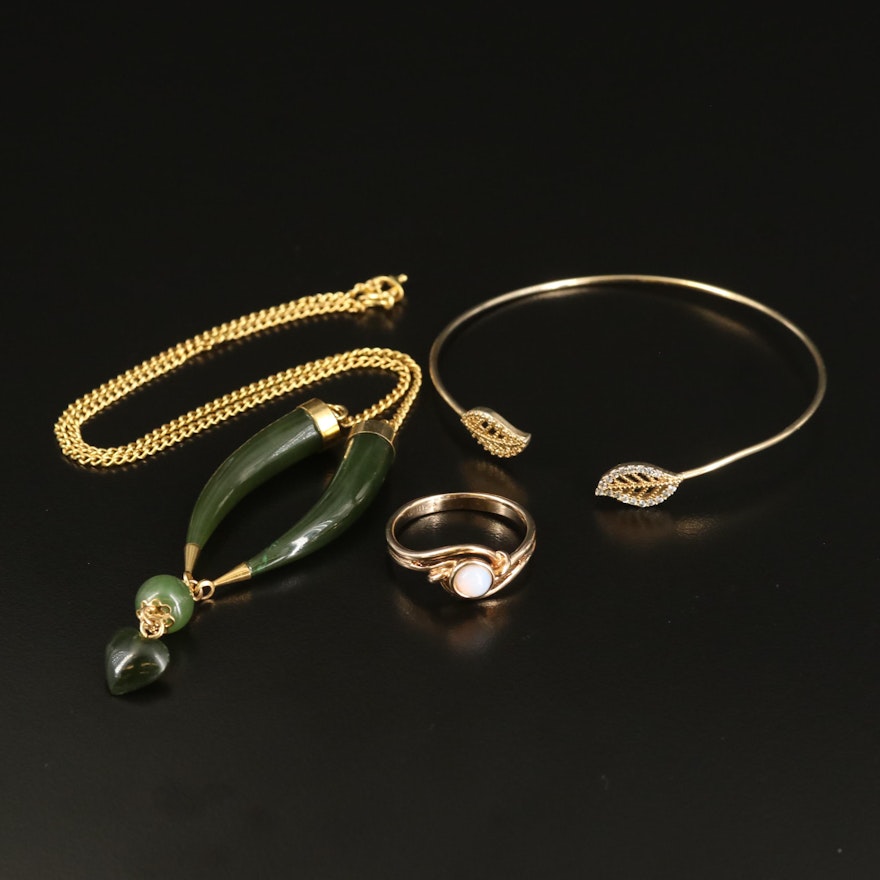 Nephrite Heart Drop Necklace, Leaf Cuff and Bypass Ring