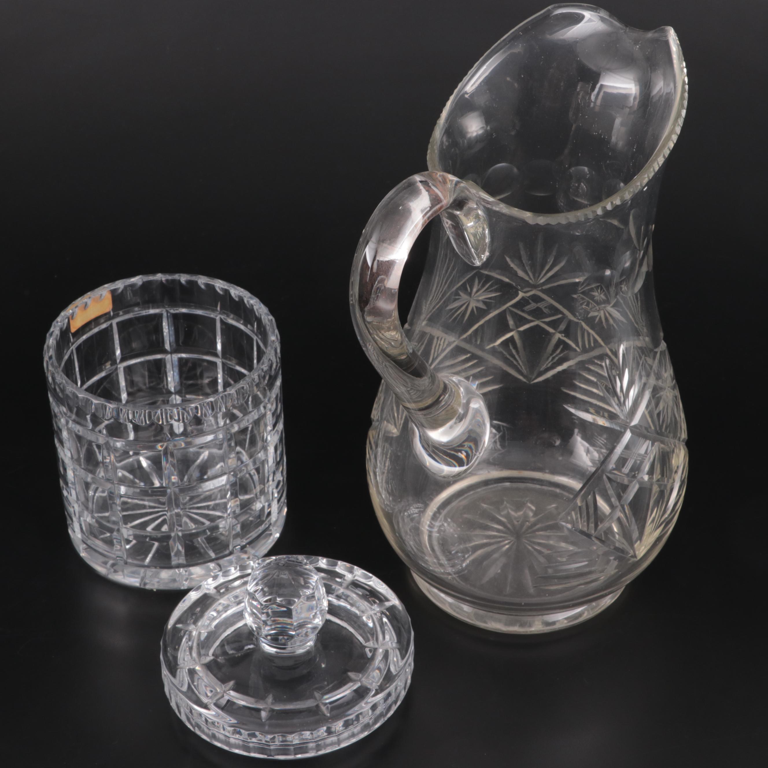 Cut Crystal Biscuit Barrel with Other Cut Glass Table Accessories and Glassware