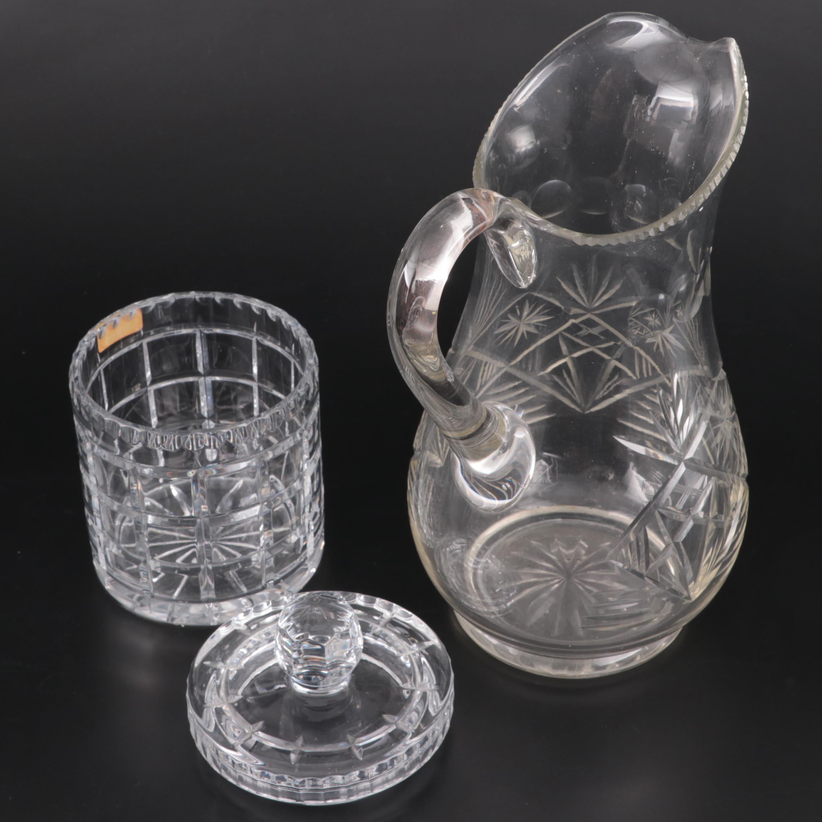Cut Crystal Biscuit Barrel with Other Cut Glass Table Accessories and Glassware