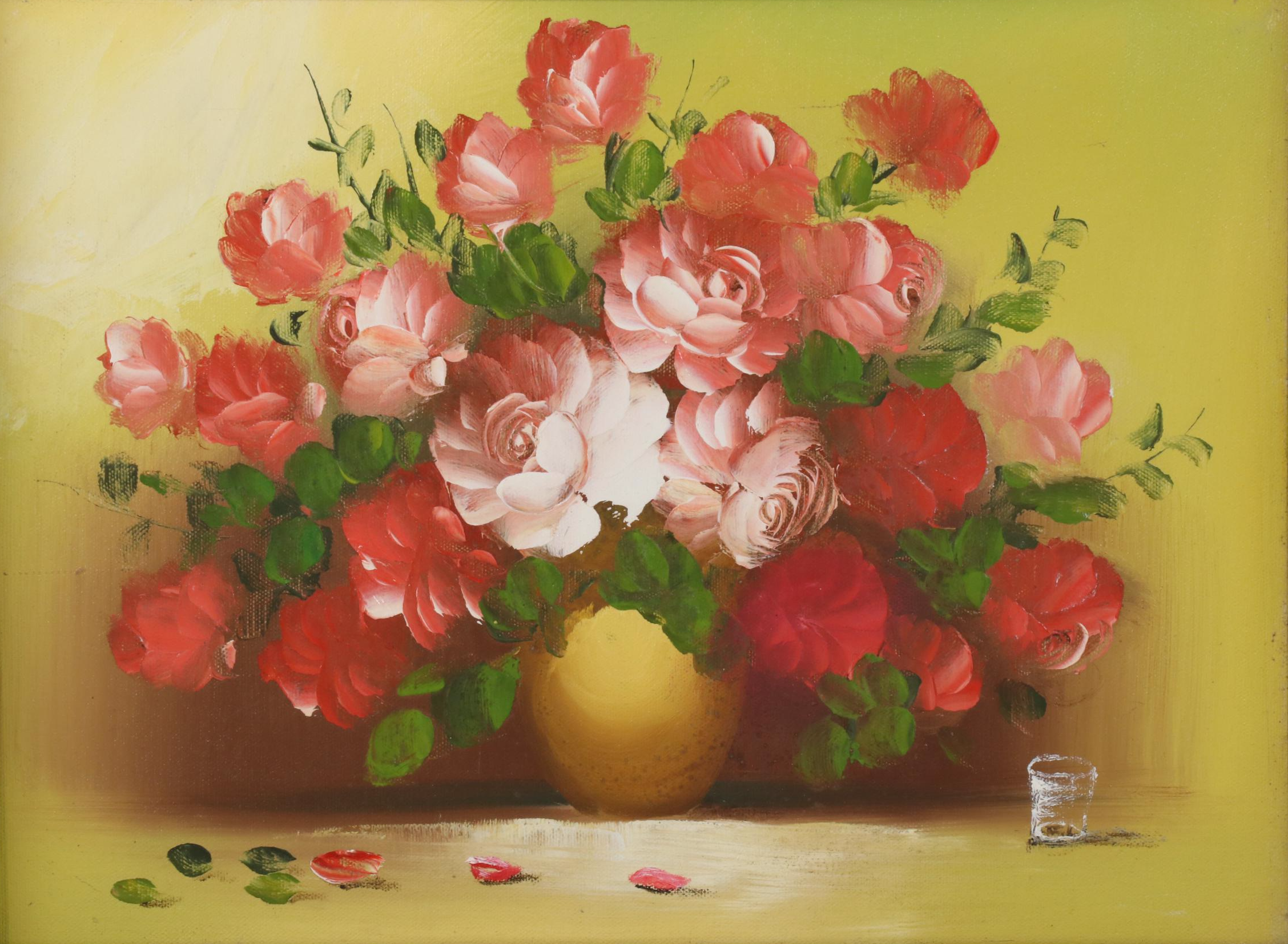 Andrew Kissell Still Life Oil Painting With Vase of Roses, Late 20th Century