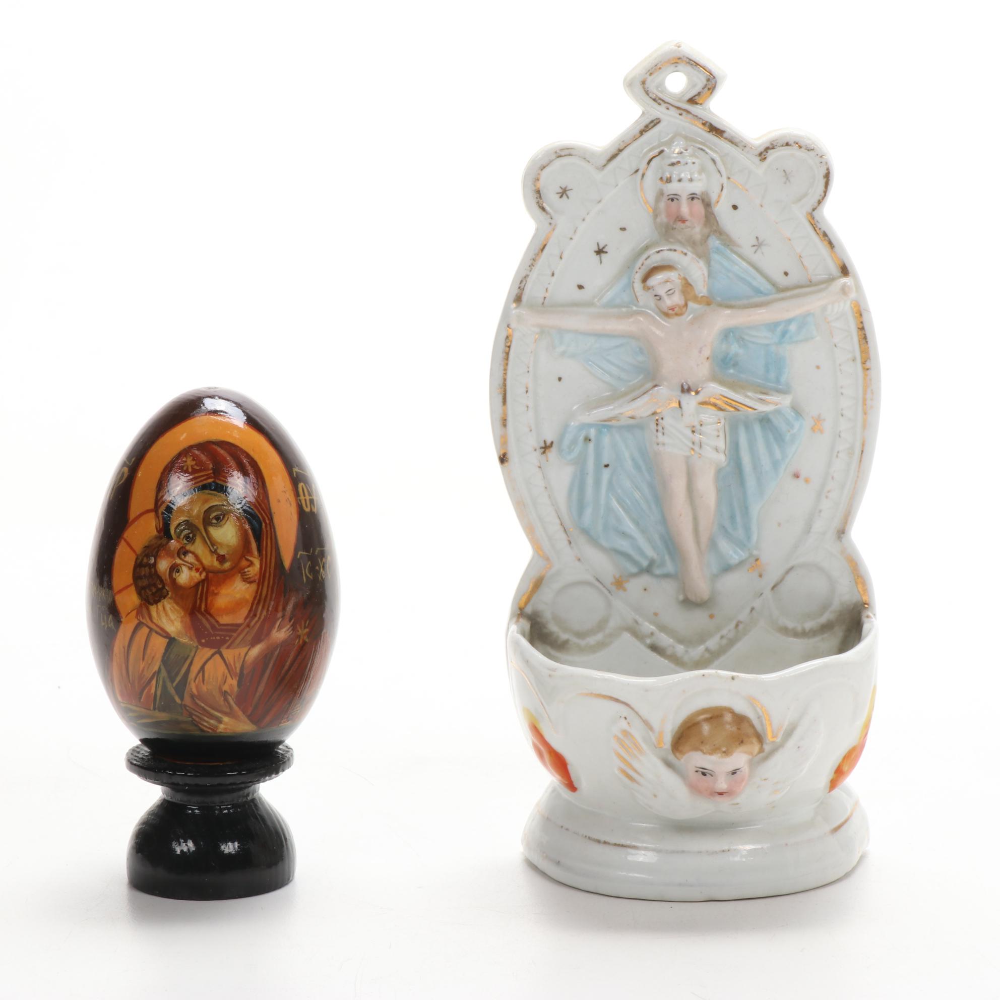 Wooden Crucifix, Porcelain Holy Water Font, and Other Religious Artifacts