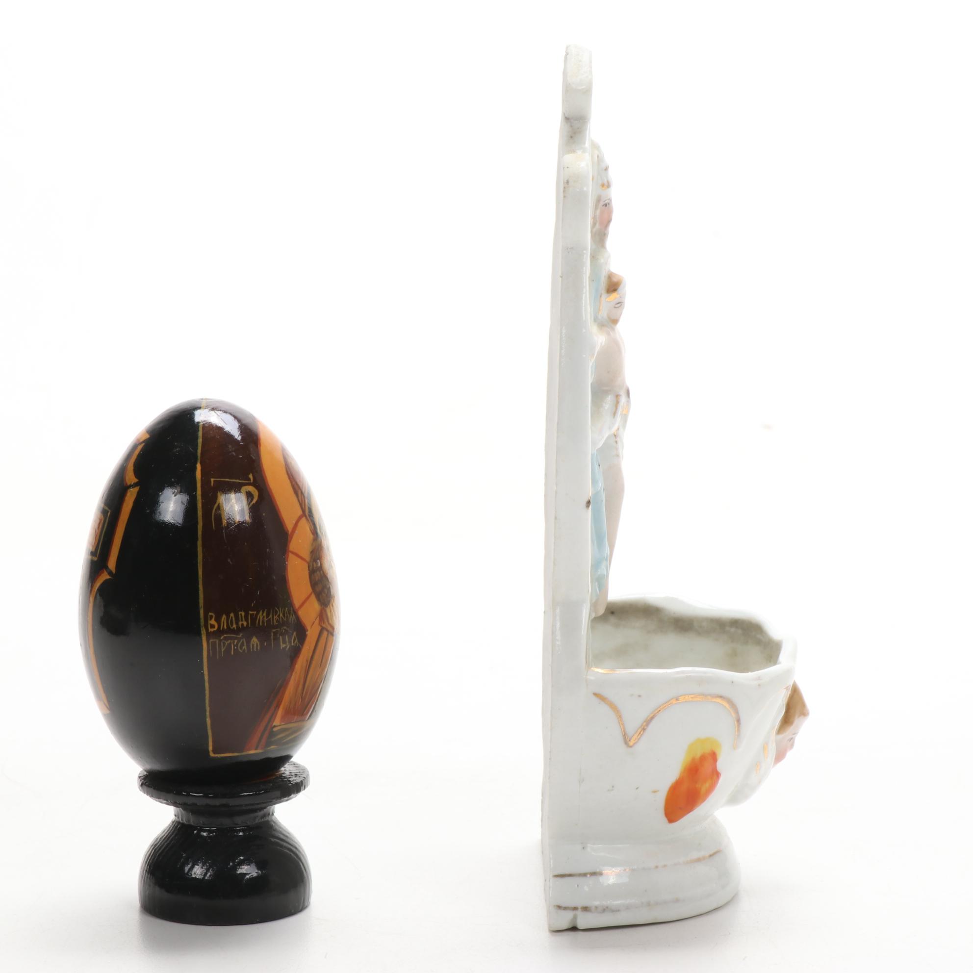 Wooden Crucifix, Porcelain Holy Water Font, and Other Religious Artifacts