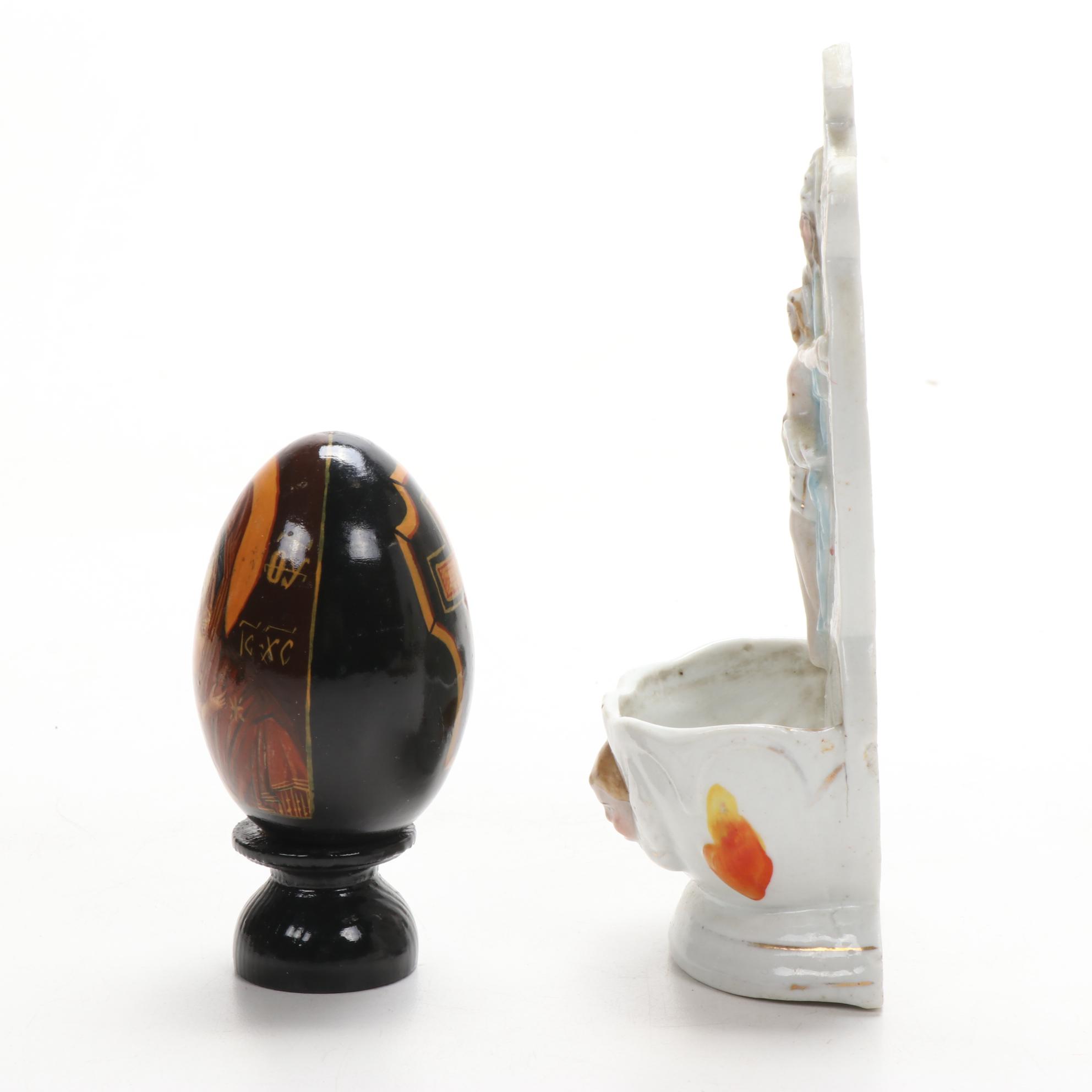 Wooden Crucifix, Porcelain Holy Water Font, and Other Religious Artifacts