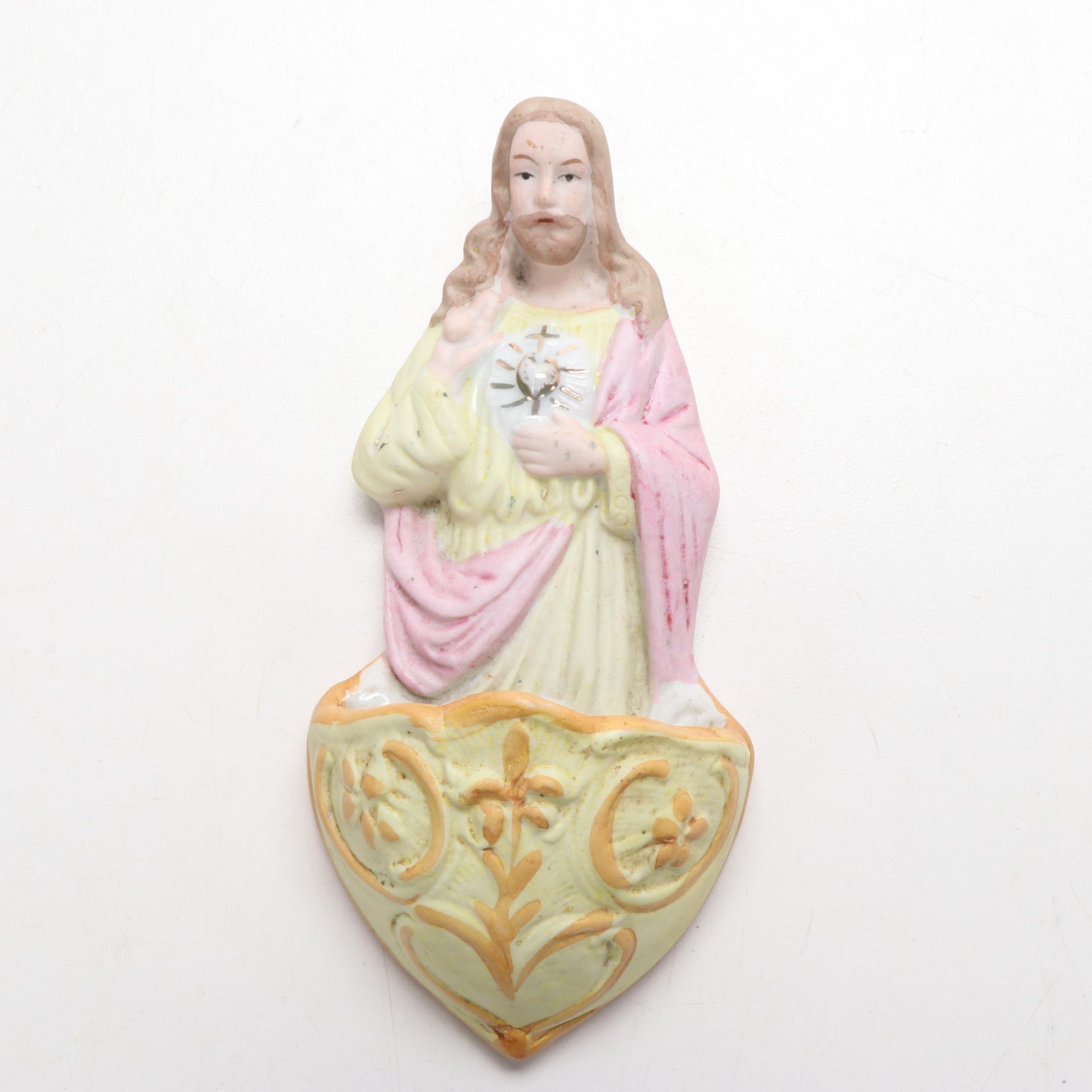 Wooden Crucifix, Porcelain Holy Water Font, and Other Religious Artifacts