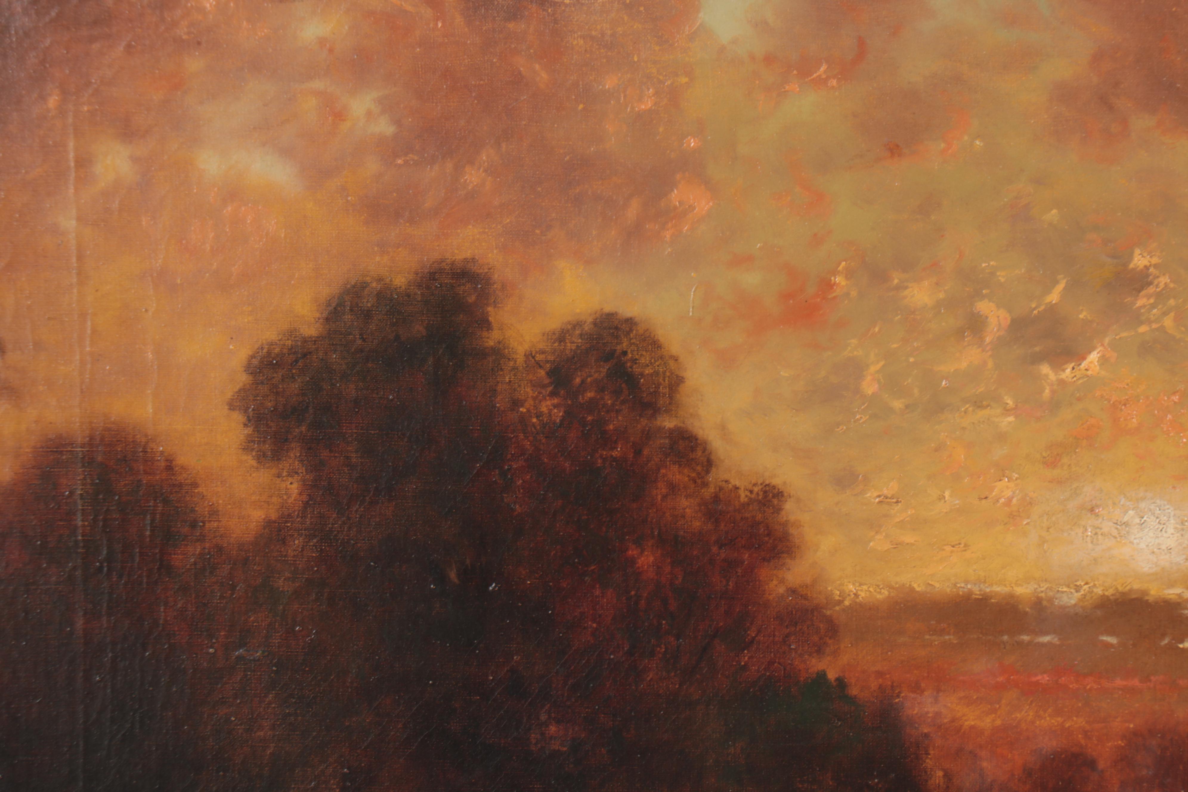Tonalist Sunset Landscape Oil Painting, Early 20th Century