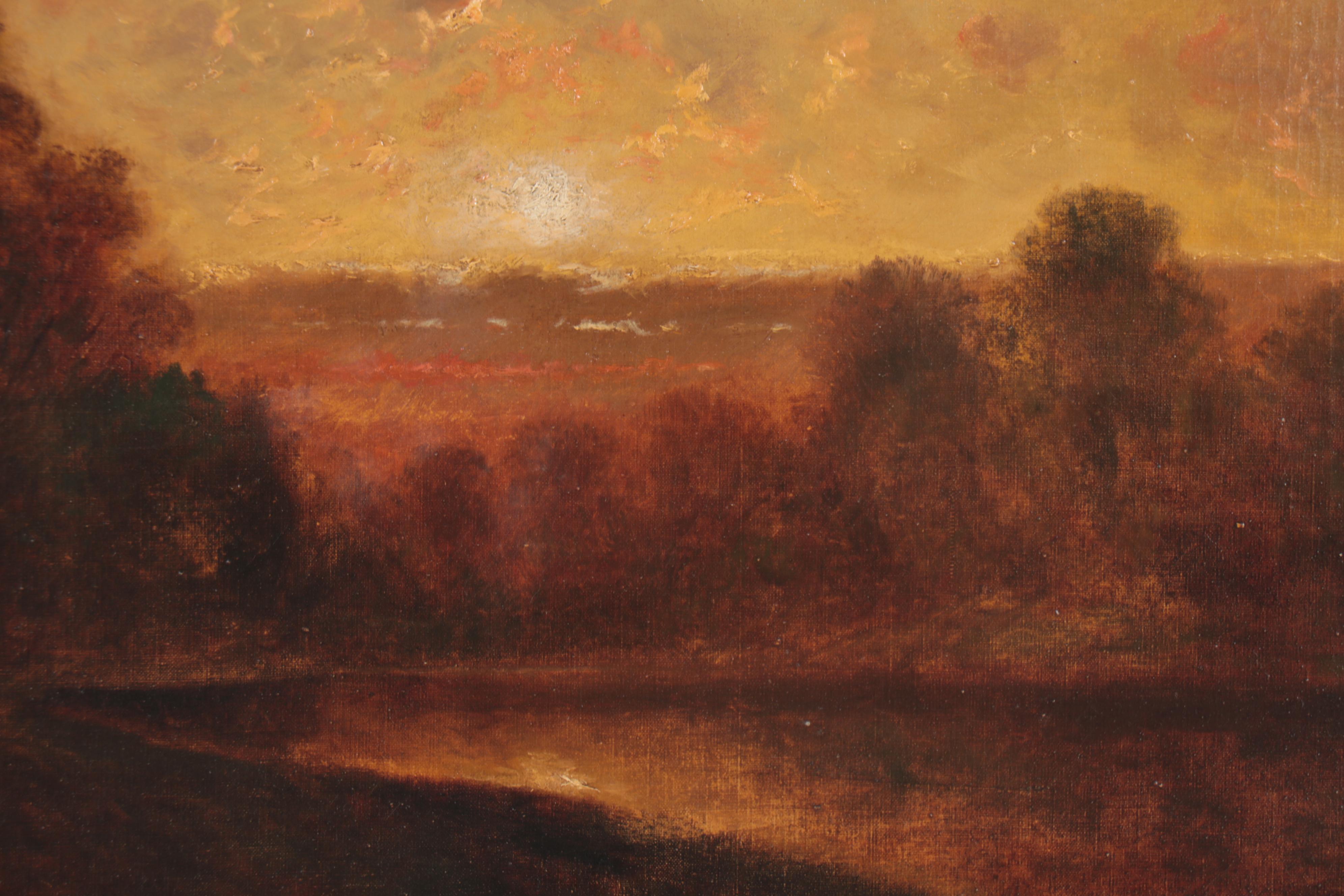 Tonalist Sunset Landscape Oil Painting, Early 20th Century