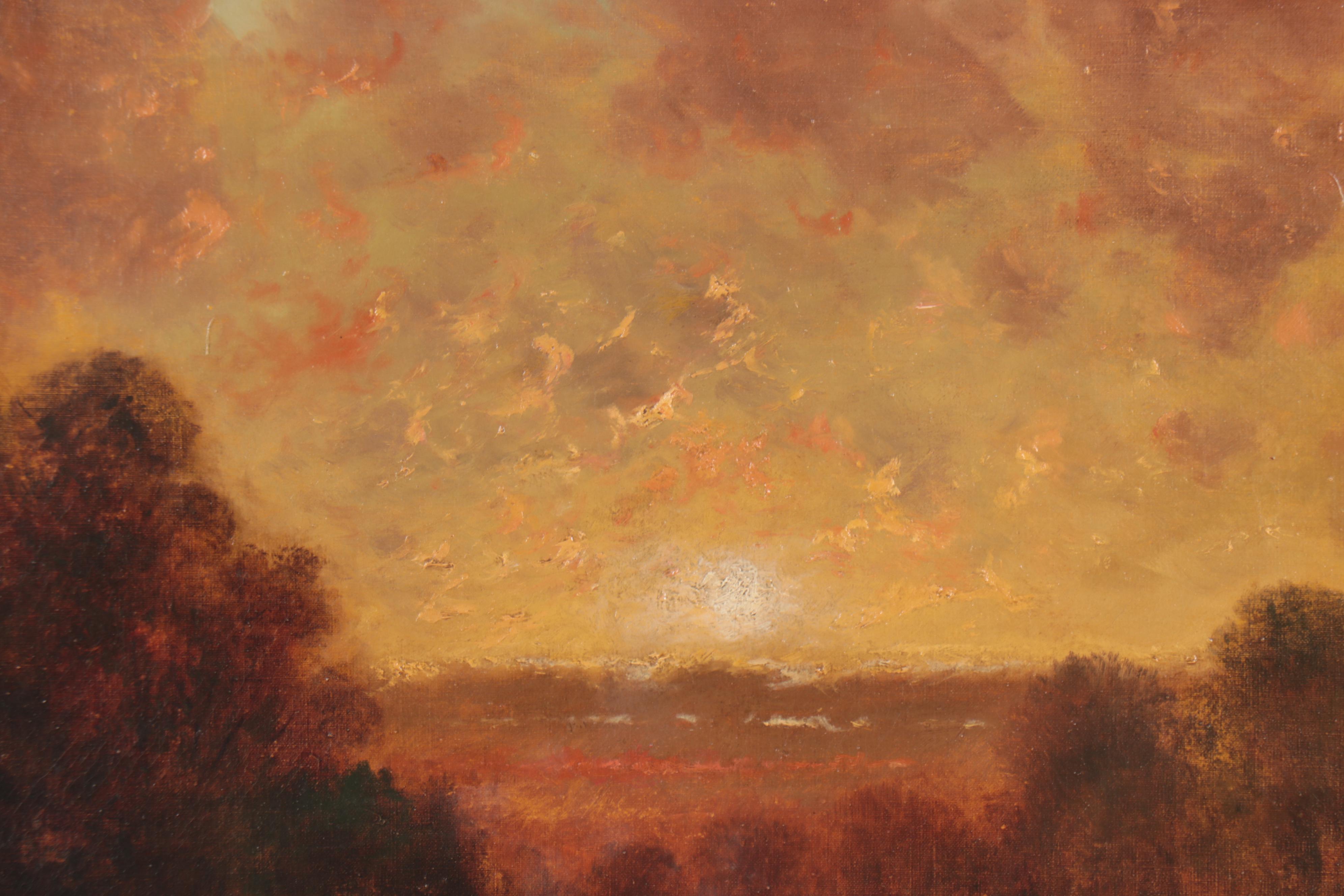 Tonalist Sunset Landscape Oil Painting, Early 20th Century