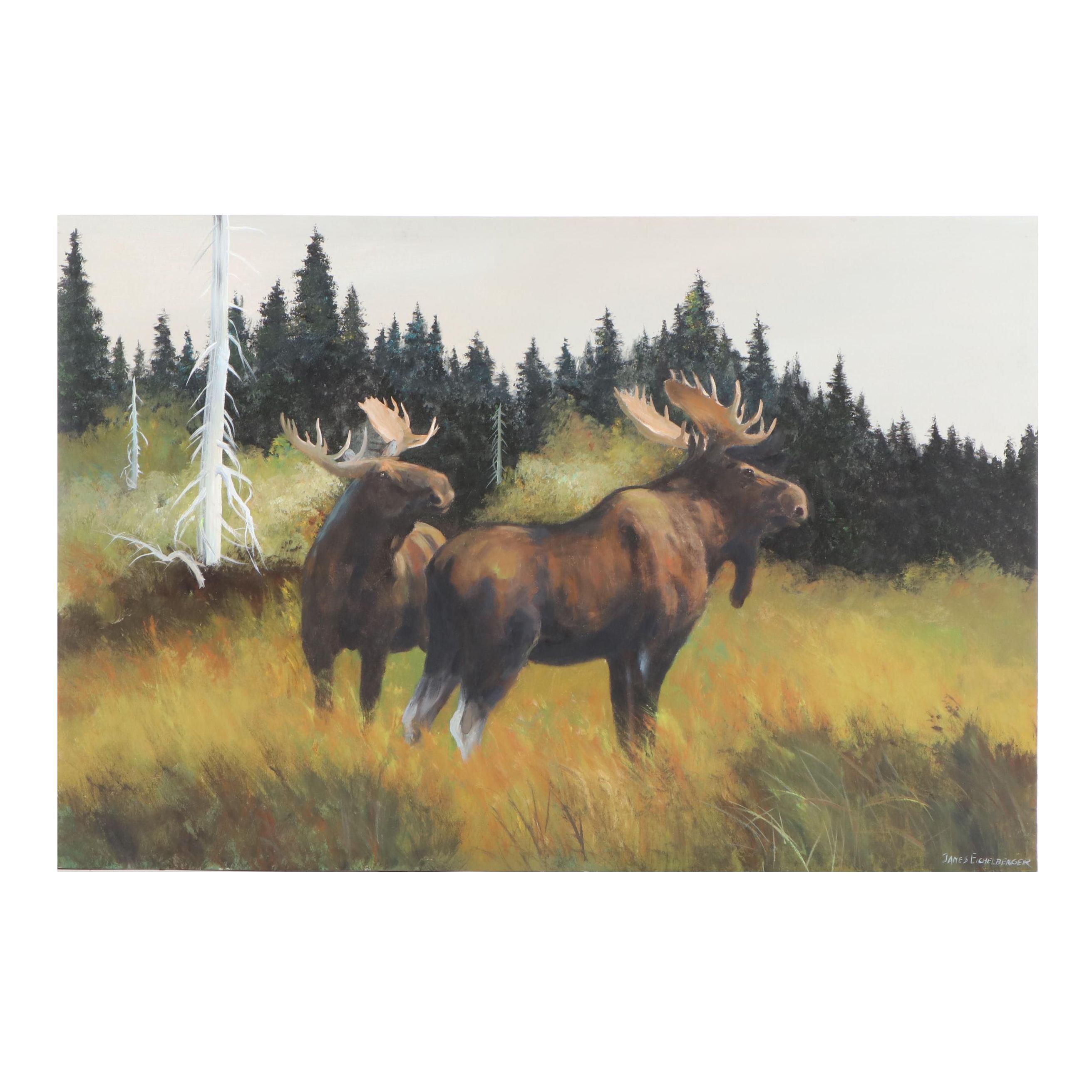 James Eichelberger Large-Scale Oil Painting of Moose, Late 20th Century