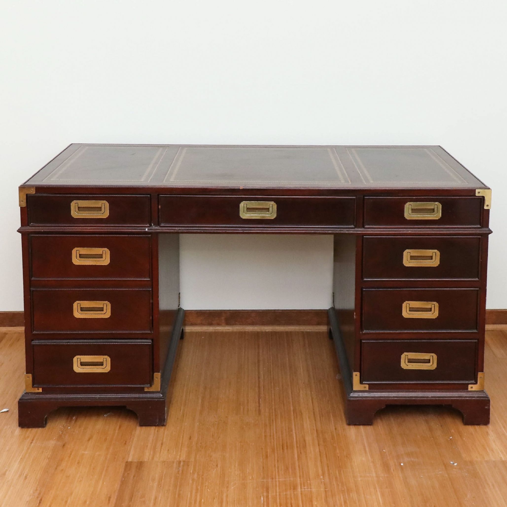 Sligh Campaign Style Mahogany-Stained and Leather Top Executive Desk