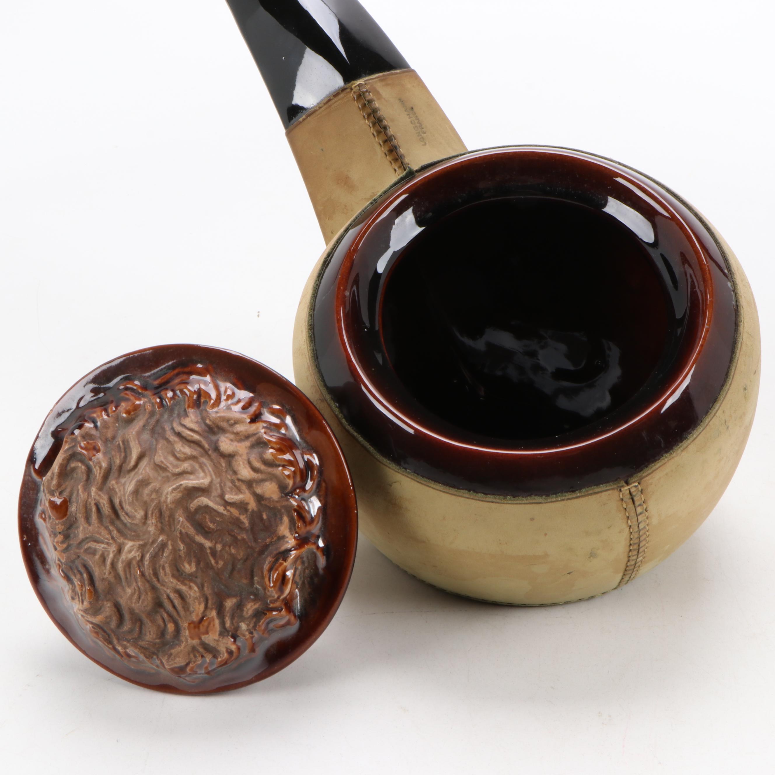 Longchamp Ceramic and Leather Covered Pipe Shaped Tobacco Jar, Mid-20th Century