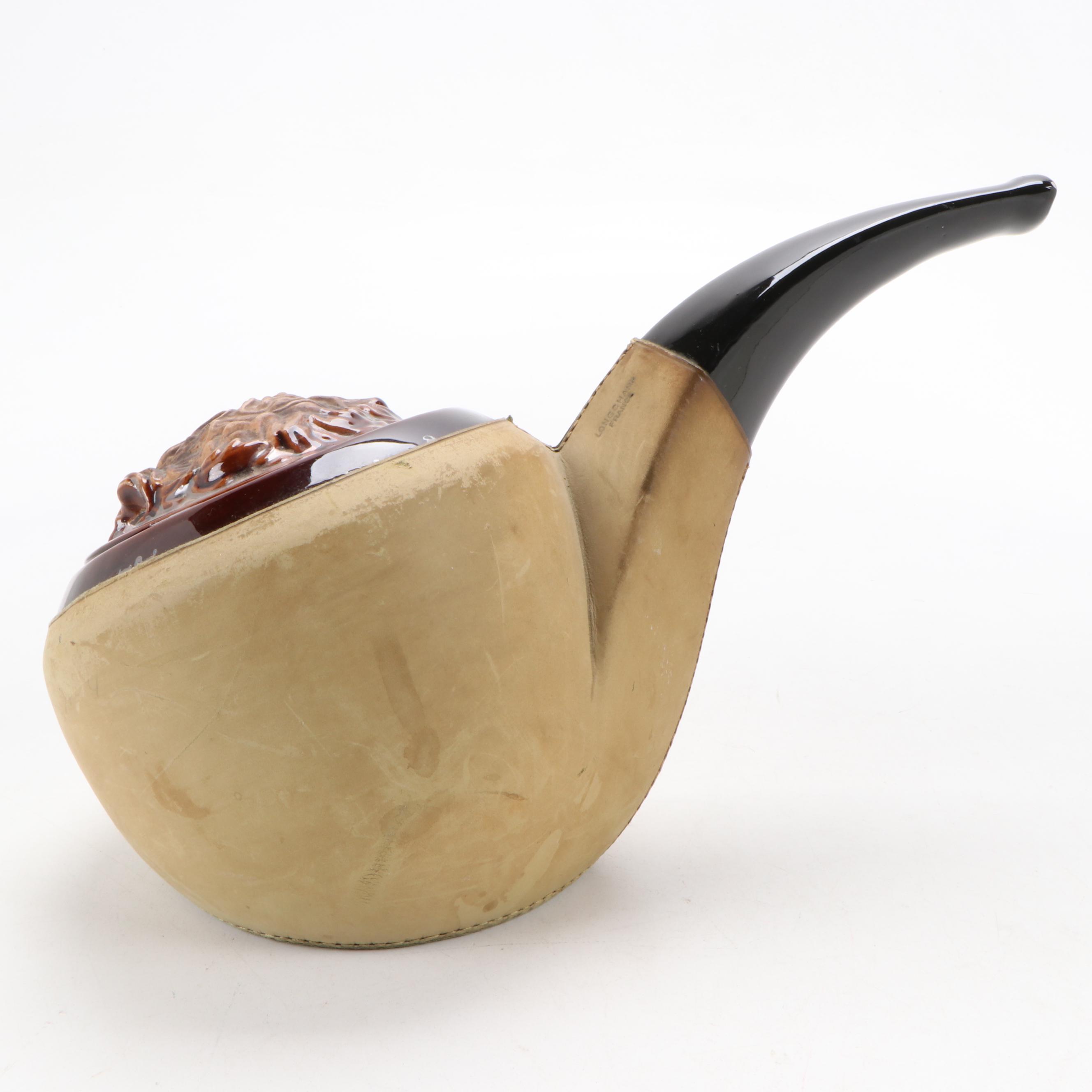 Longchamp Ceramic and Leather Covered Pipe Shaped Tobacco Jar, Mid-20th Century