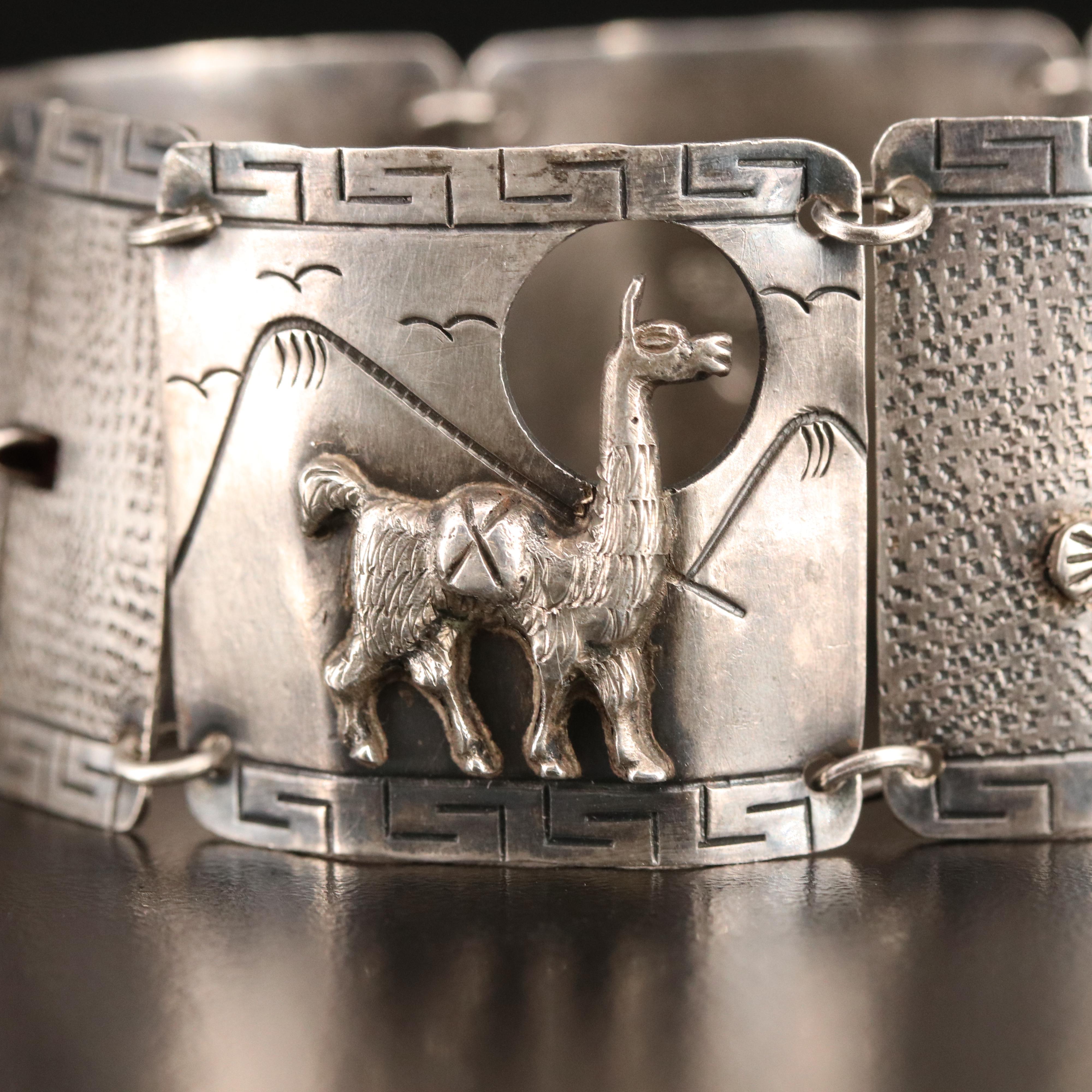Vintage Peruvian Sterling Silver Panel Bracelet