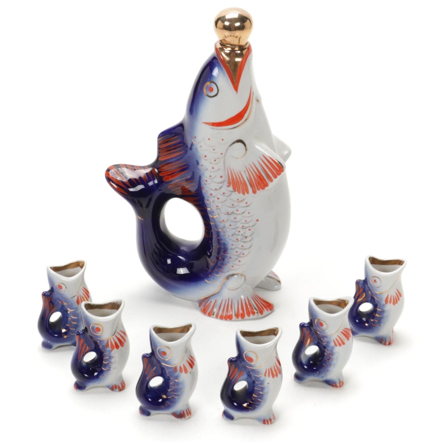 Koi Fish Porcelain Pitcher and Stopper with Six Cups