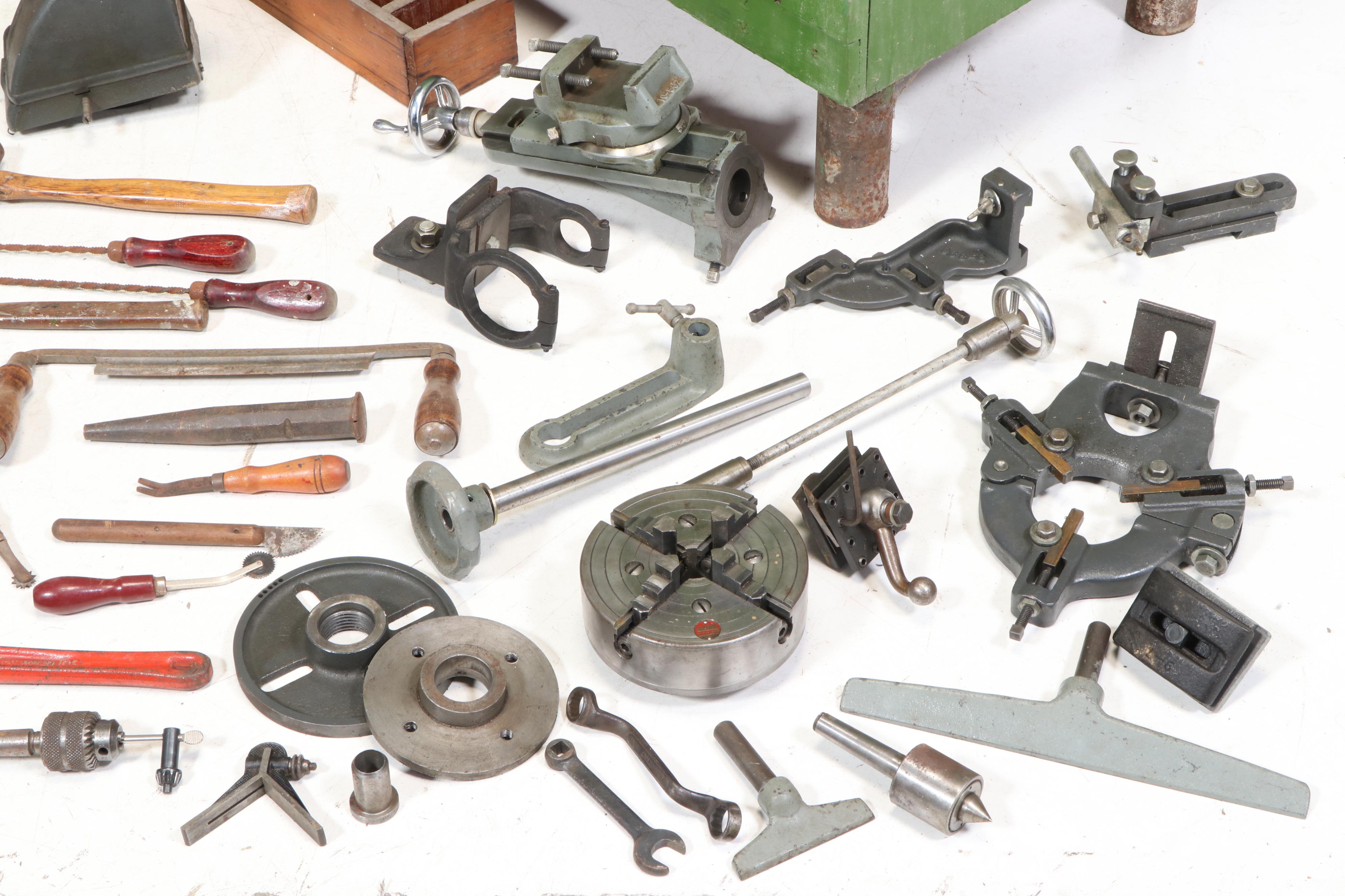 Atlas Lathe, Workbench and Craftsman Table Saw with Various Hand Tools