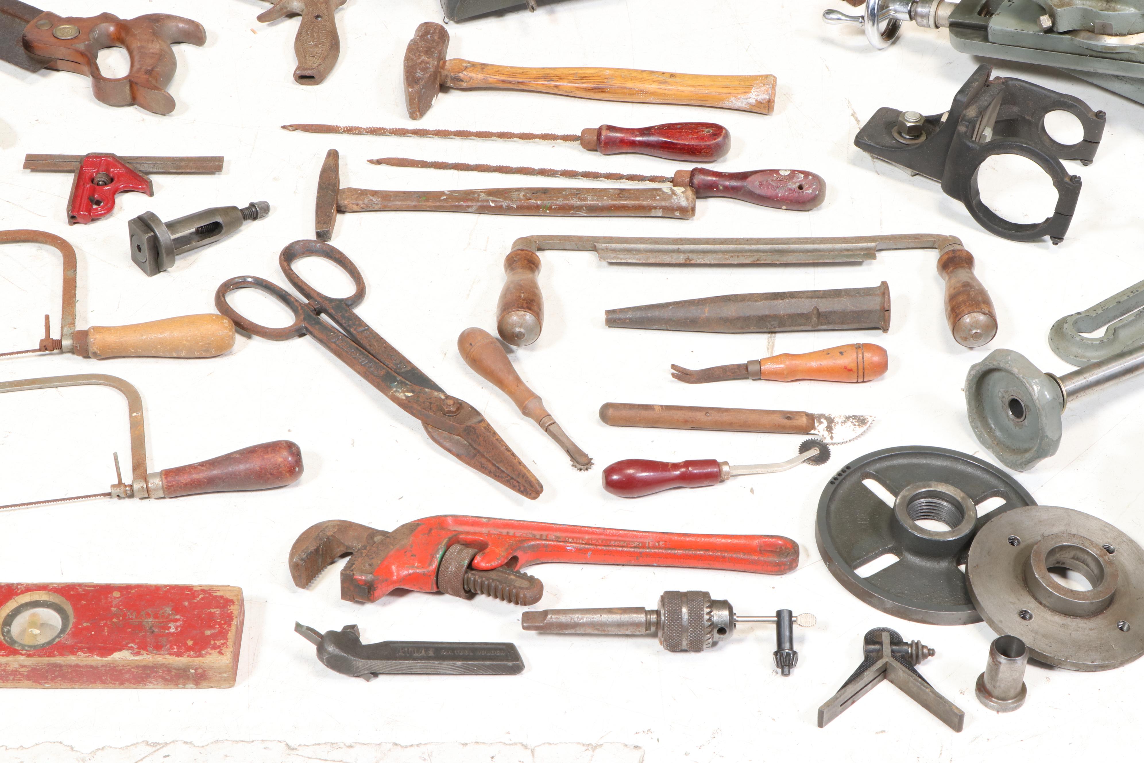 Atlas Lathe, Workbench and Craftsman Table Saw with Various Hand Tools