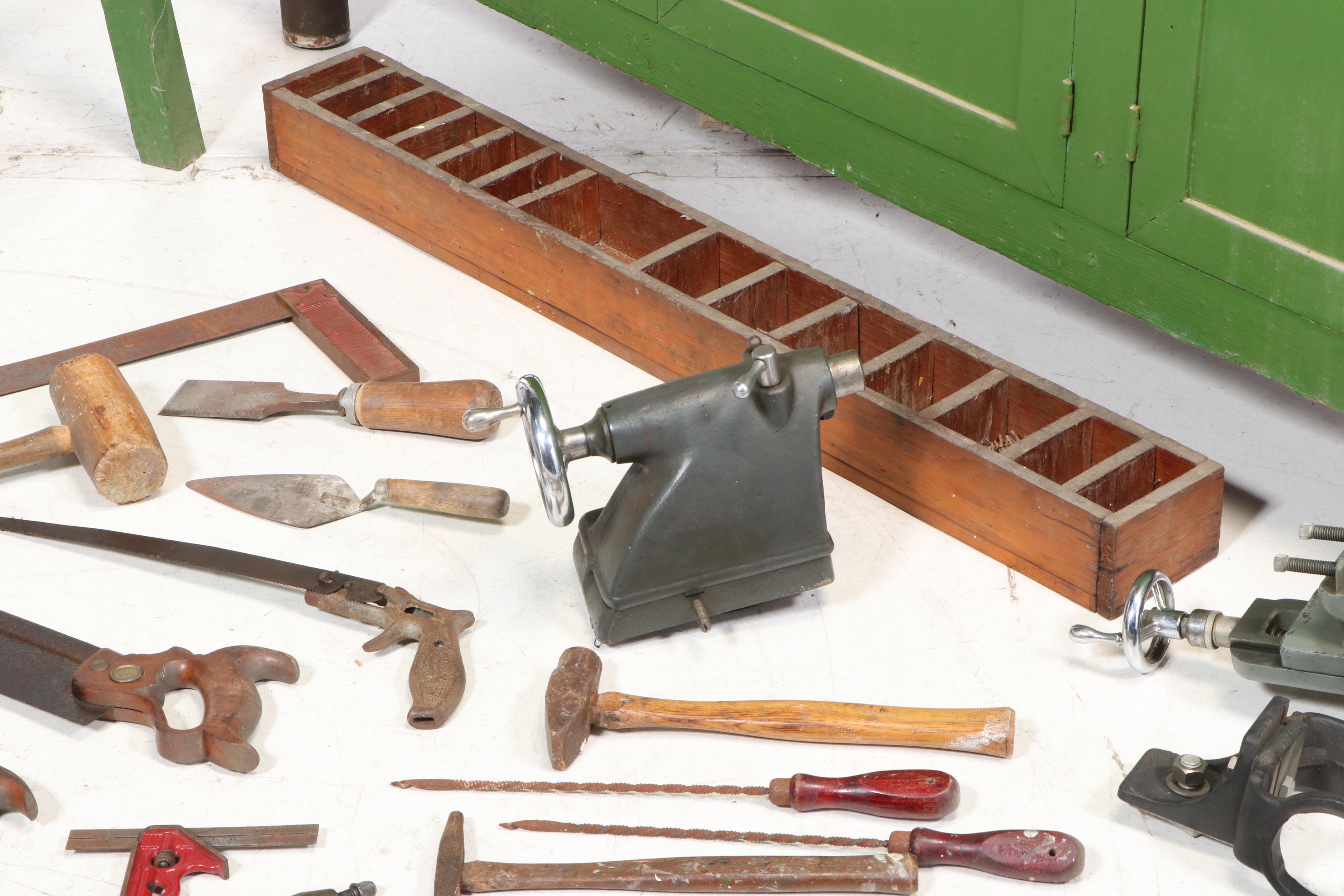 Atlas Lathe, Workbench and Craftsman Table Saw with Various Hand Tools