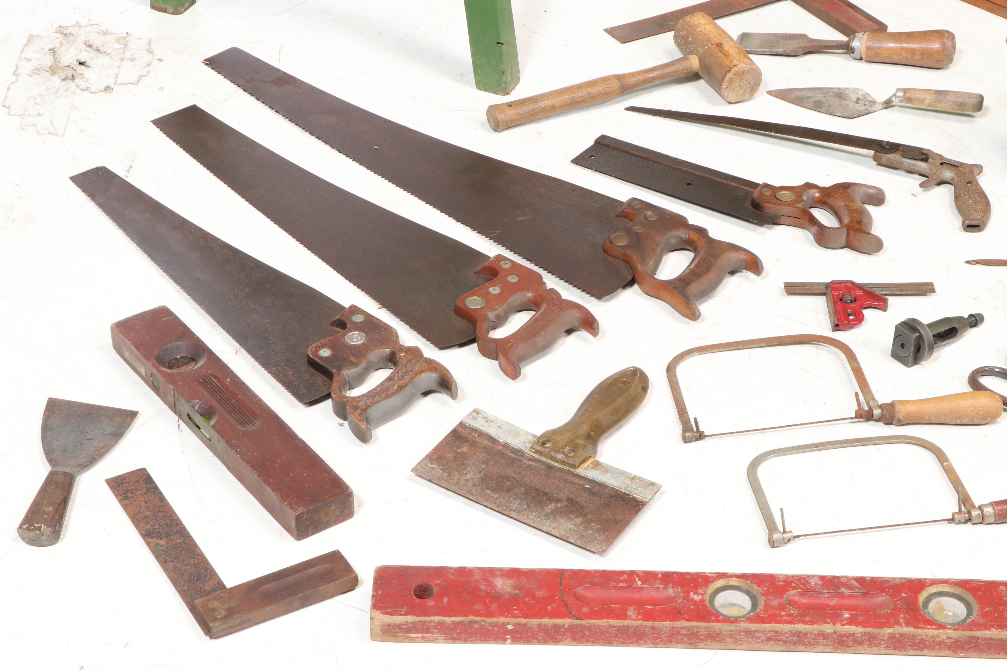 Atlas Lathe, Workbench and Craftsman Table Saw with Various Hand Tools