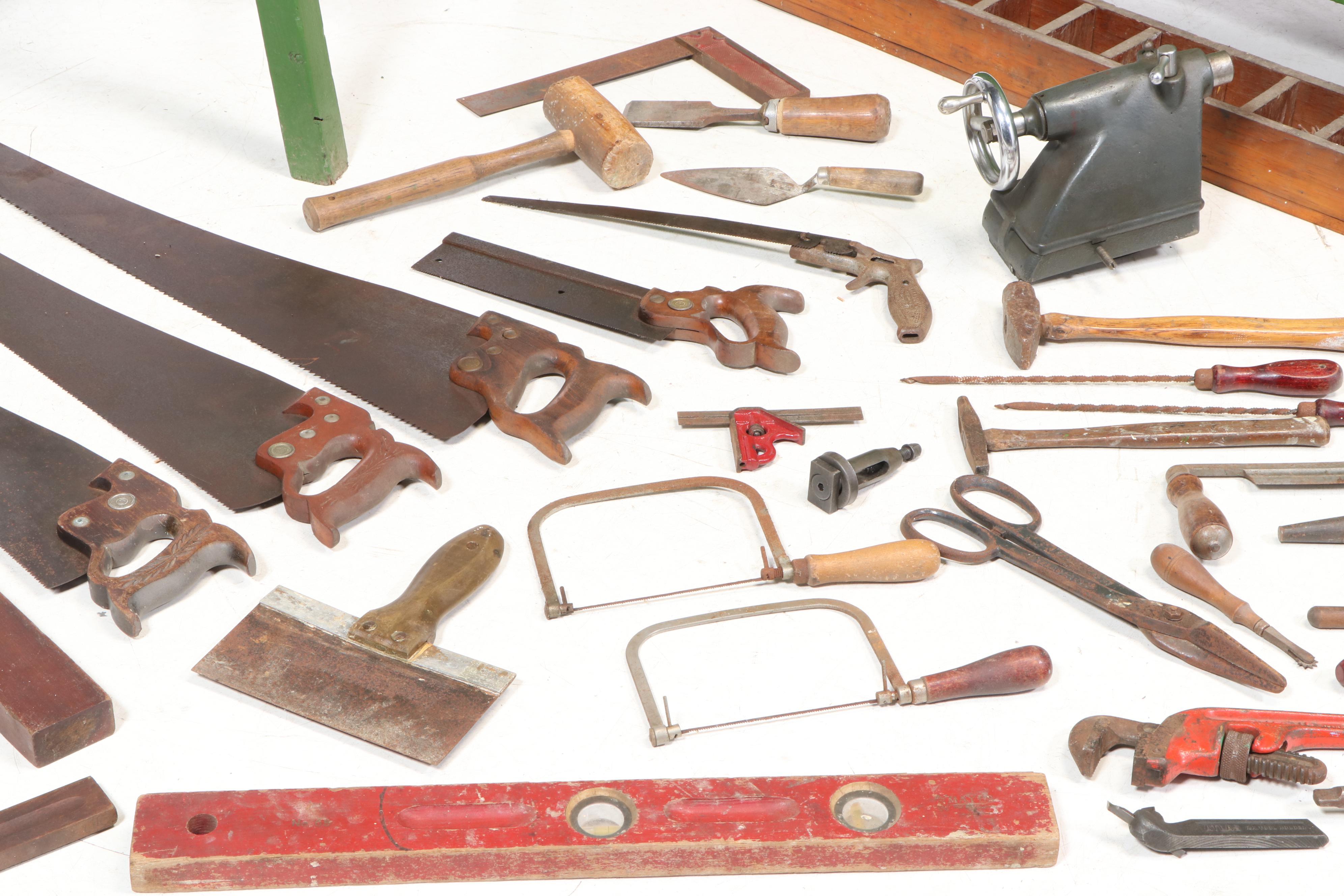 Atlas Lathe, Workbench and Craftsman Table Saw with Various Hand Tools