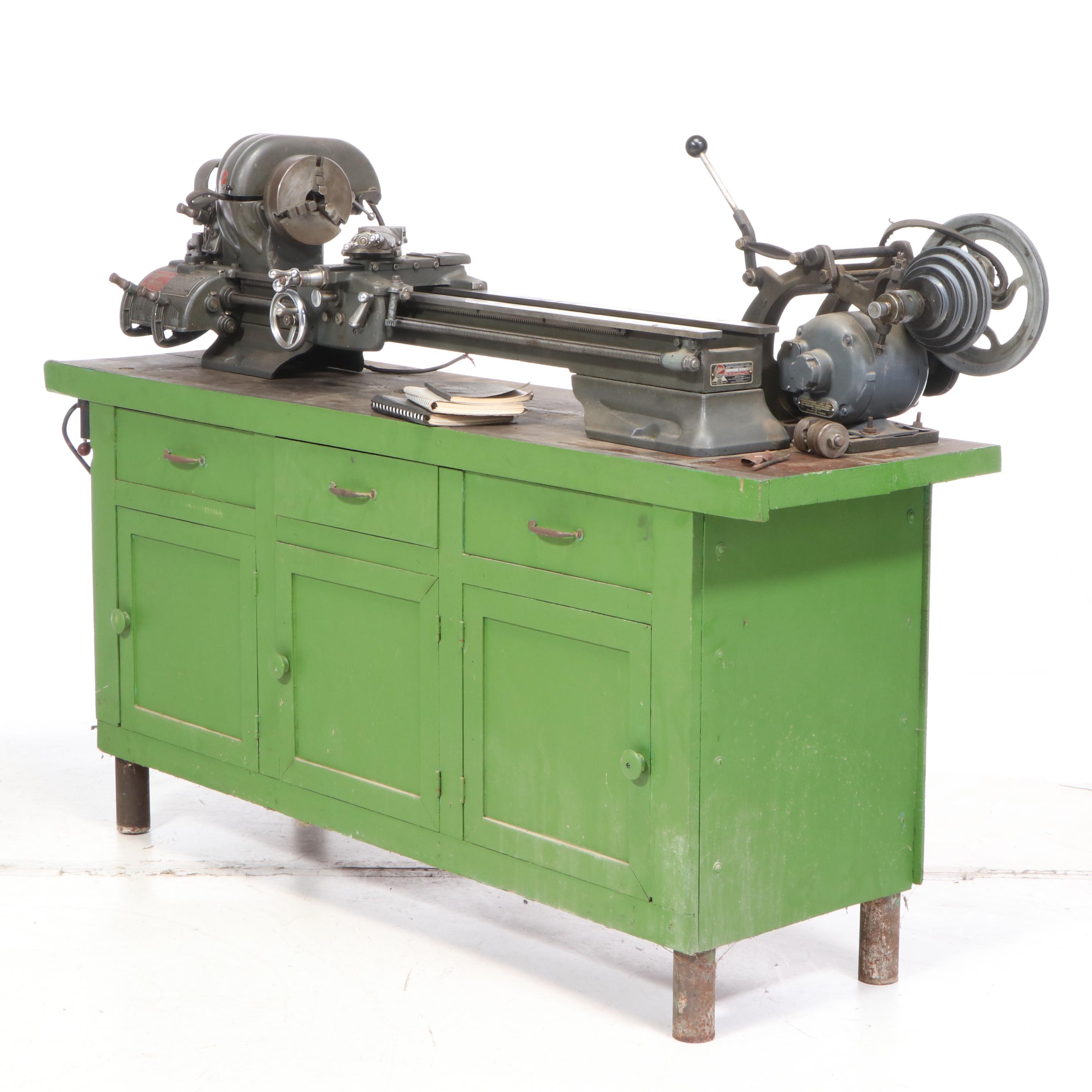 Atlas Lathe, Workbench and Craftsman Table Saw with Various Hand Tools
