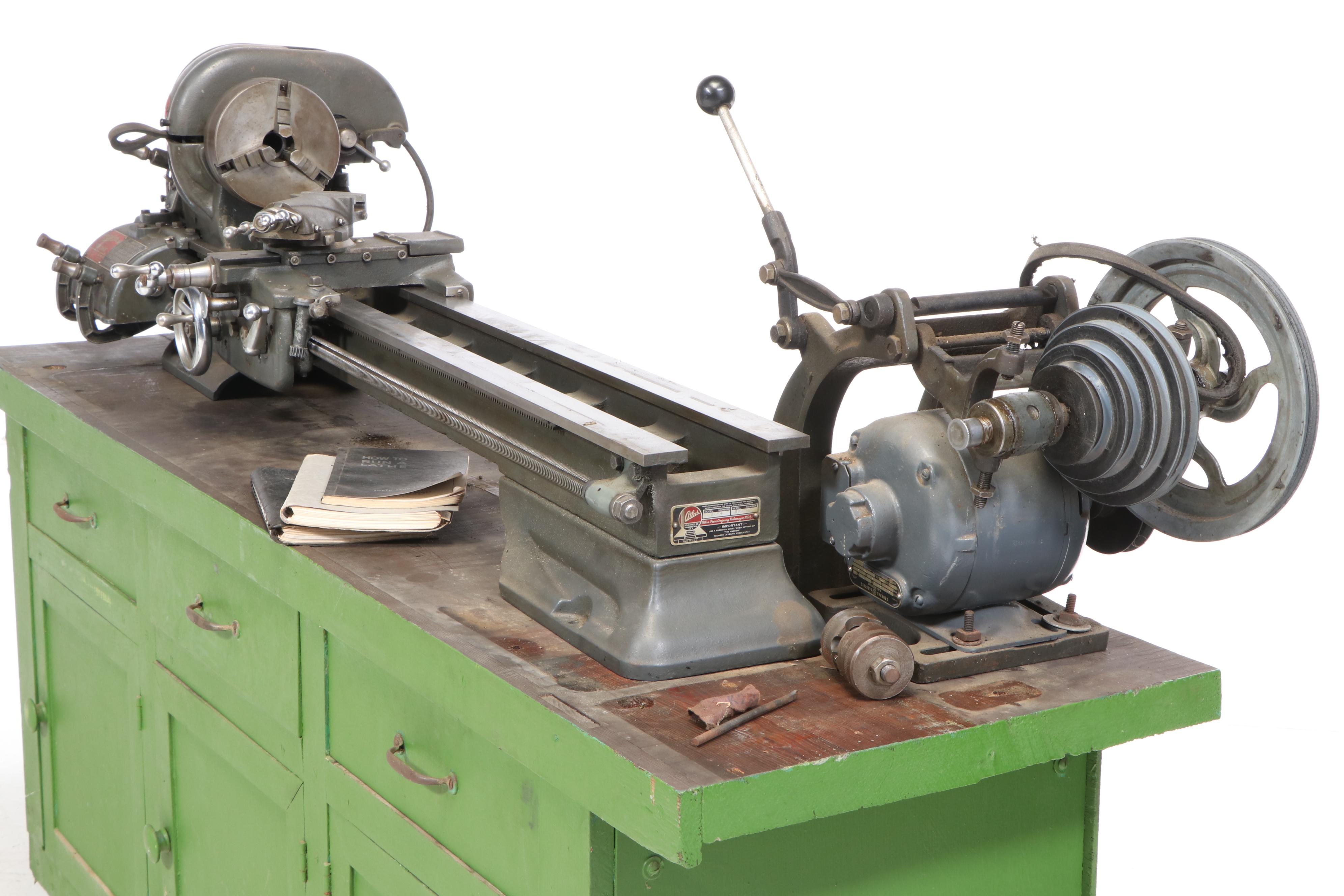 Atlas Lathe, Workbench and Craftsman Table Saw with Various Hand Tools