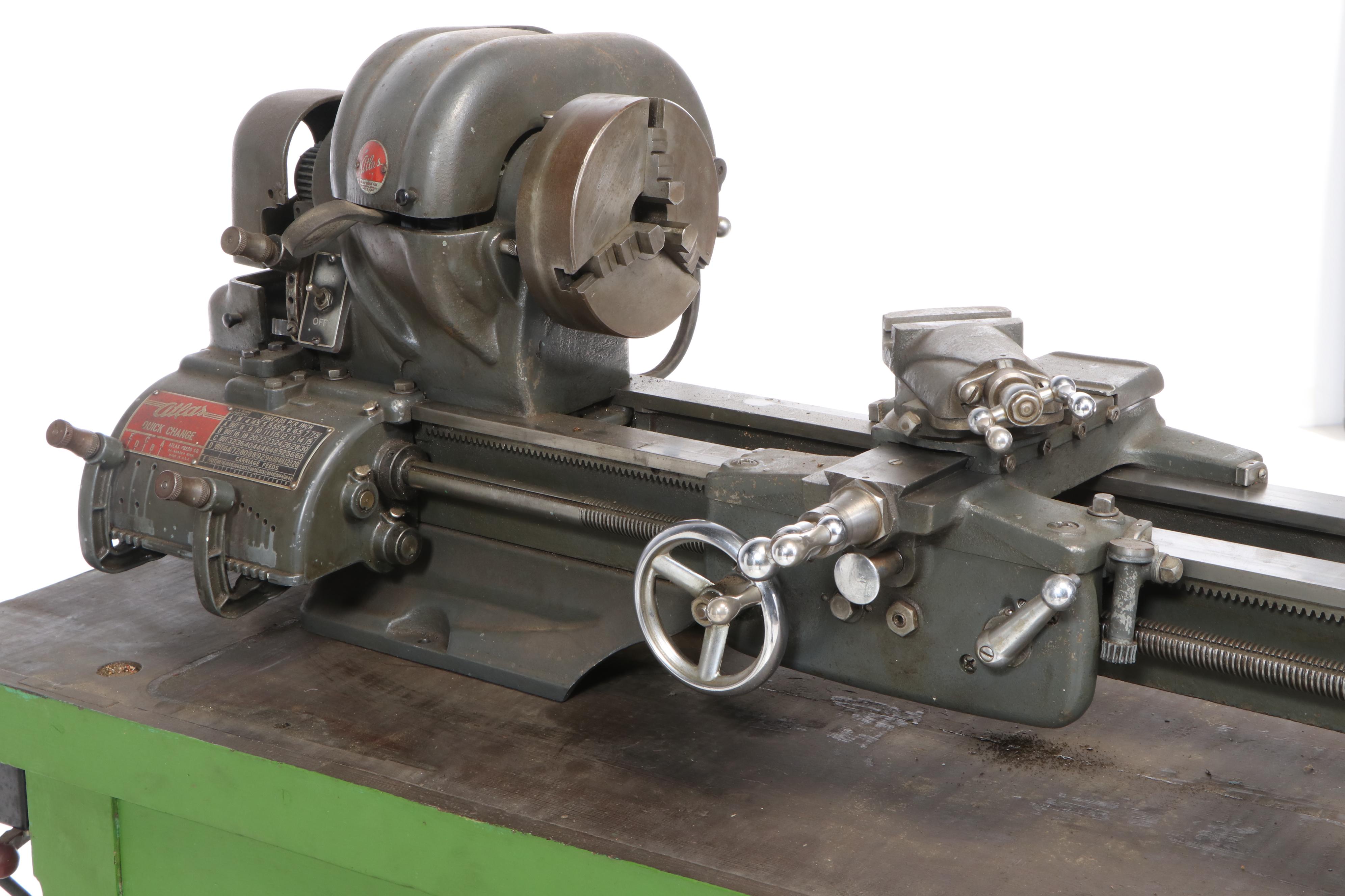 Atlas Lathe, Workbench and Craftsman Table Saw with Various Hand Tools