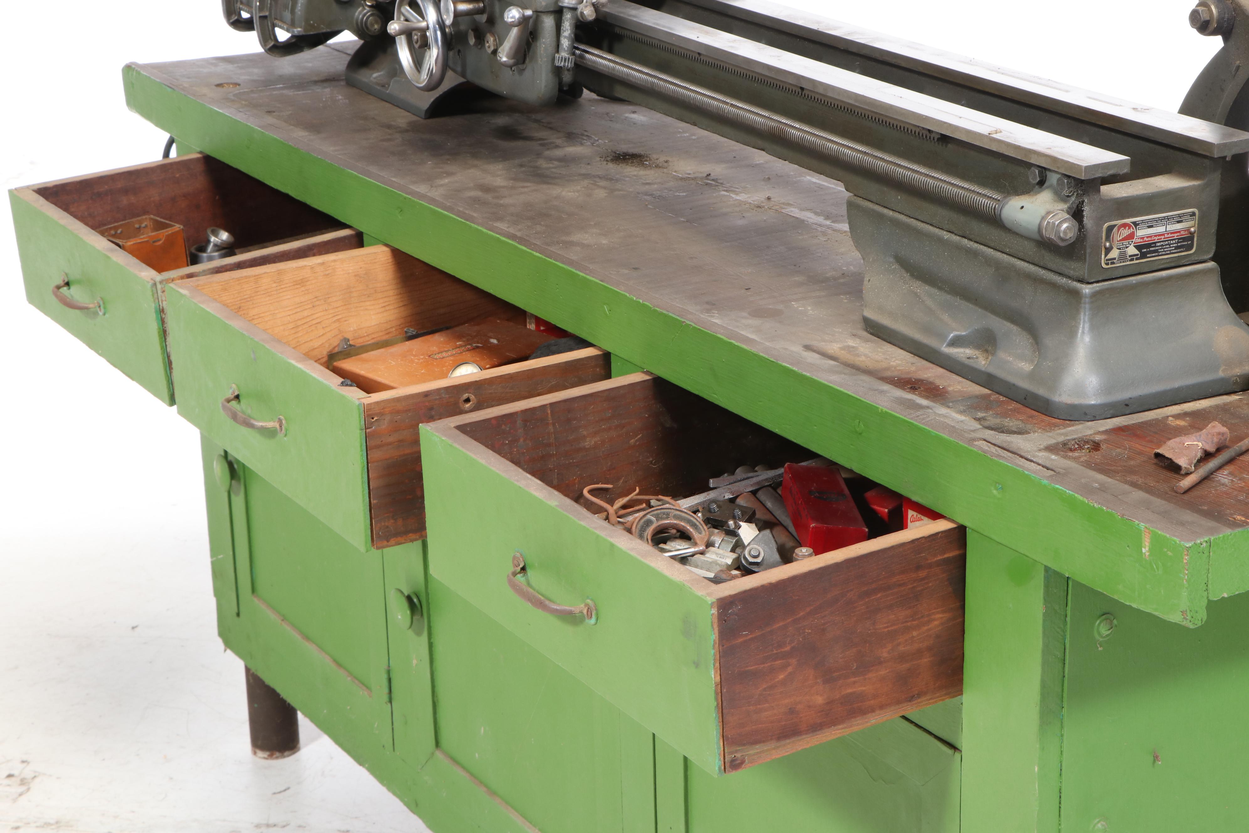 Atlas Lathe, Workbench and Craftsman Table Saw with Various Hand Tools