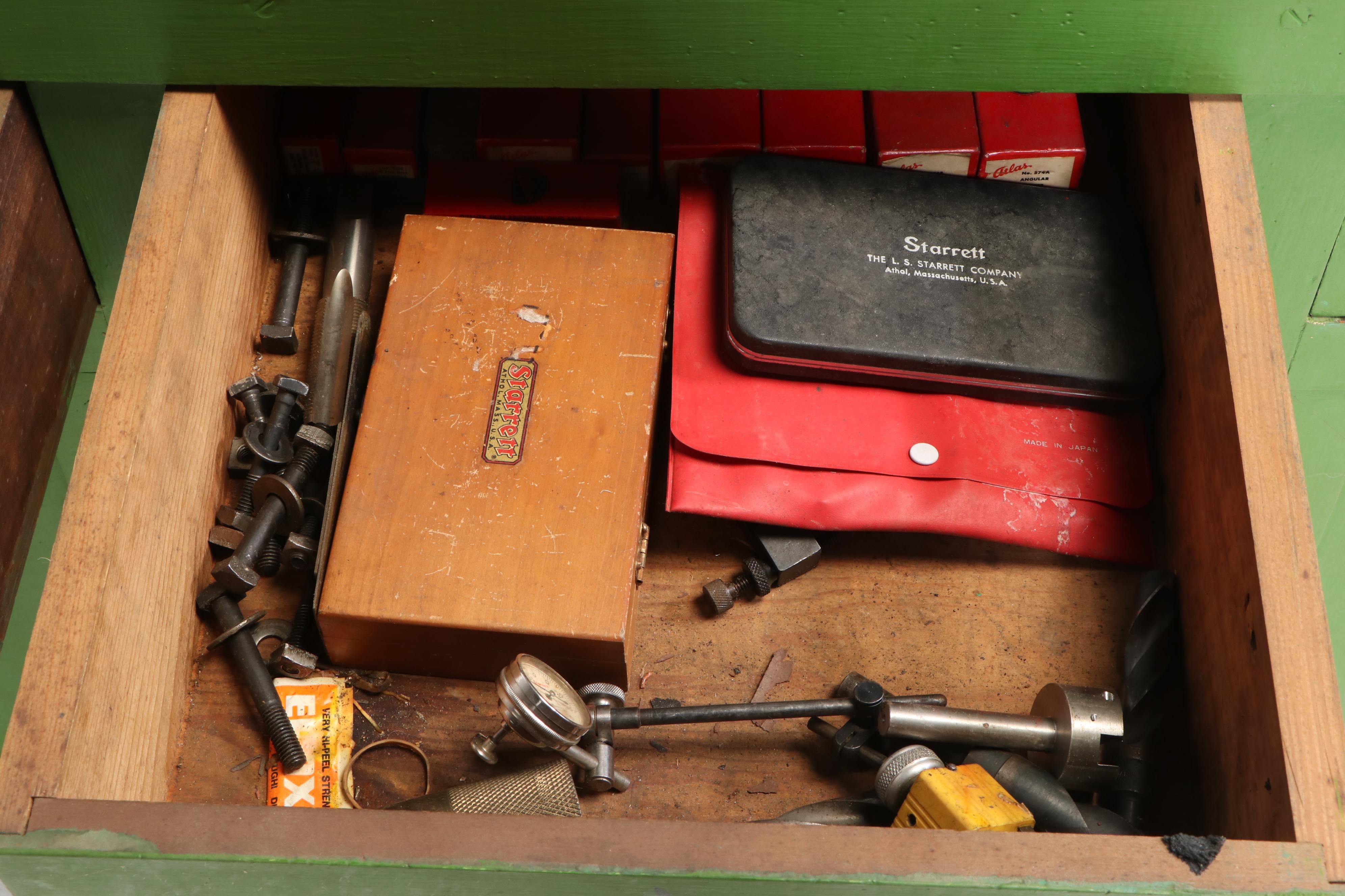 Atlas Lathe, Workbench and Craftsman Table Saw with Various Hand Tools