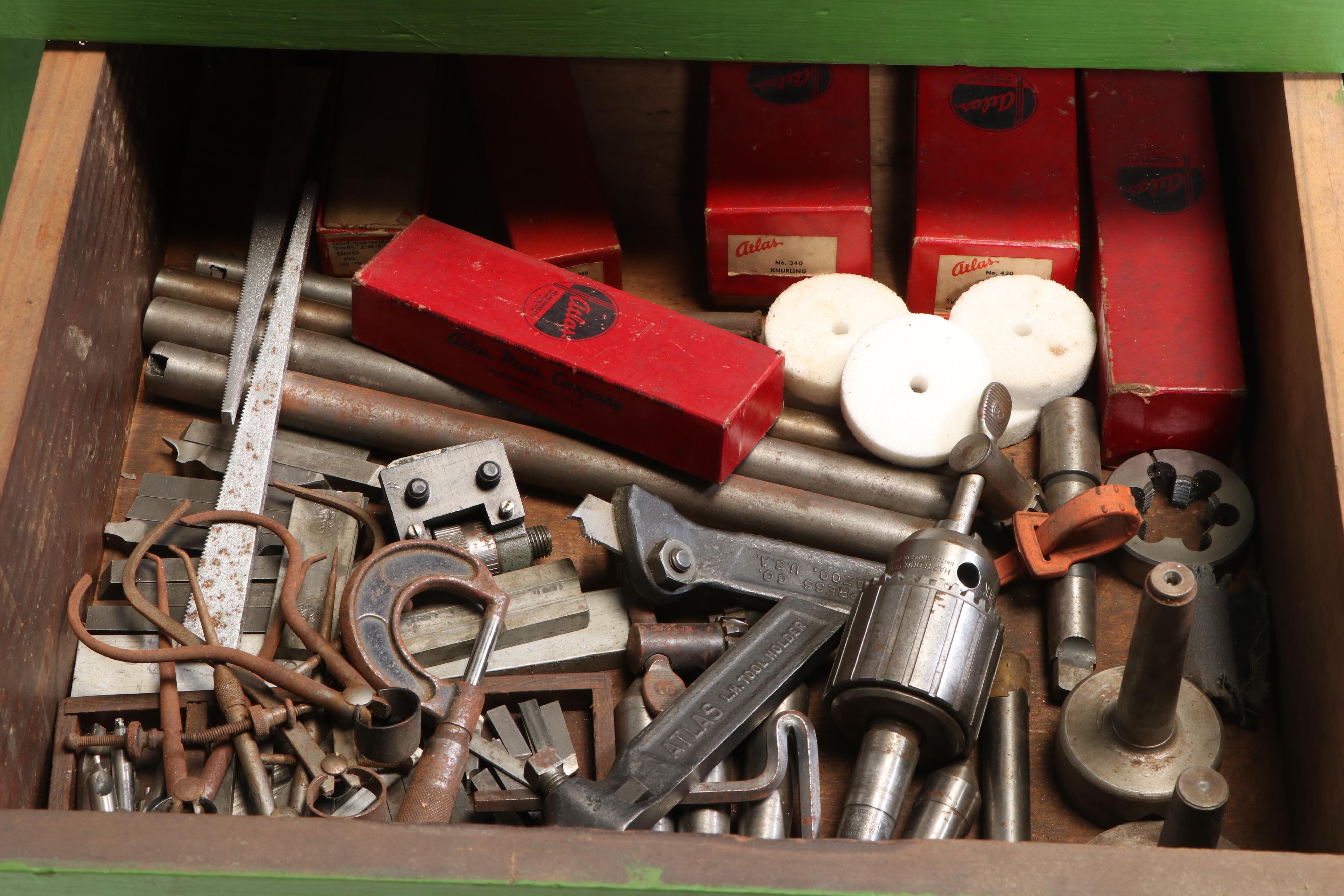 Atlas Lathe, Workbench and Craftsman Table Saw with Various Hand Tools