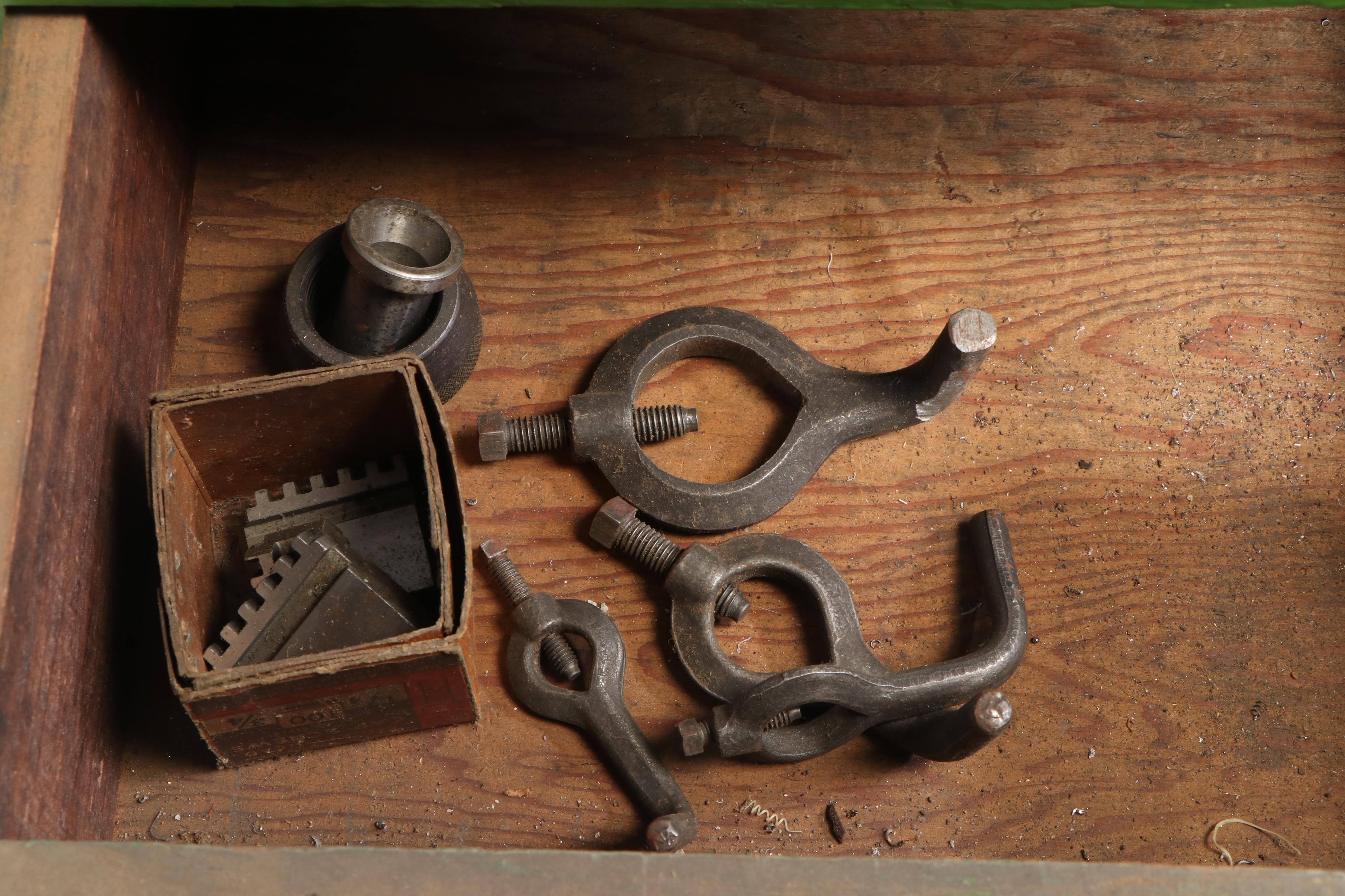 Atlas Lathe, Workbench and Craftsman Table Saw with Various Hand Tools