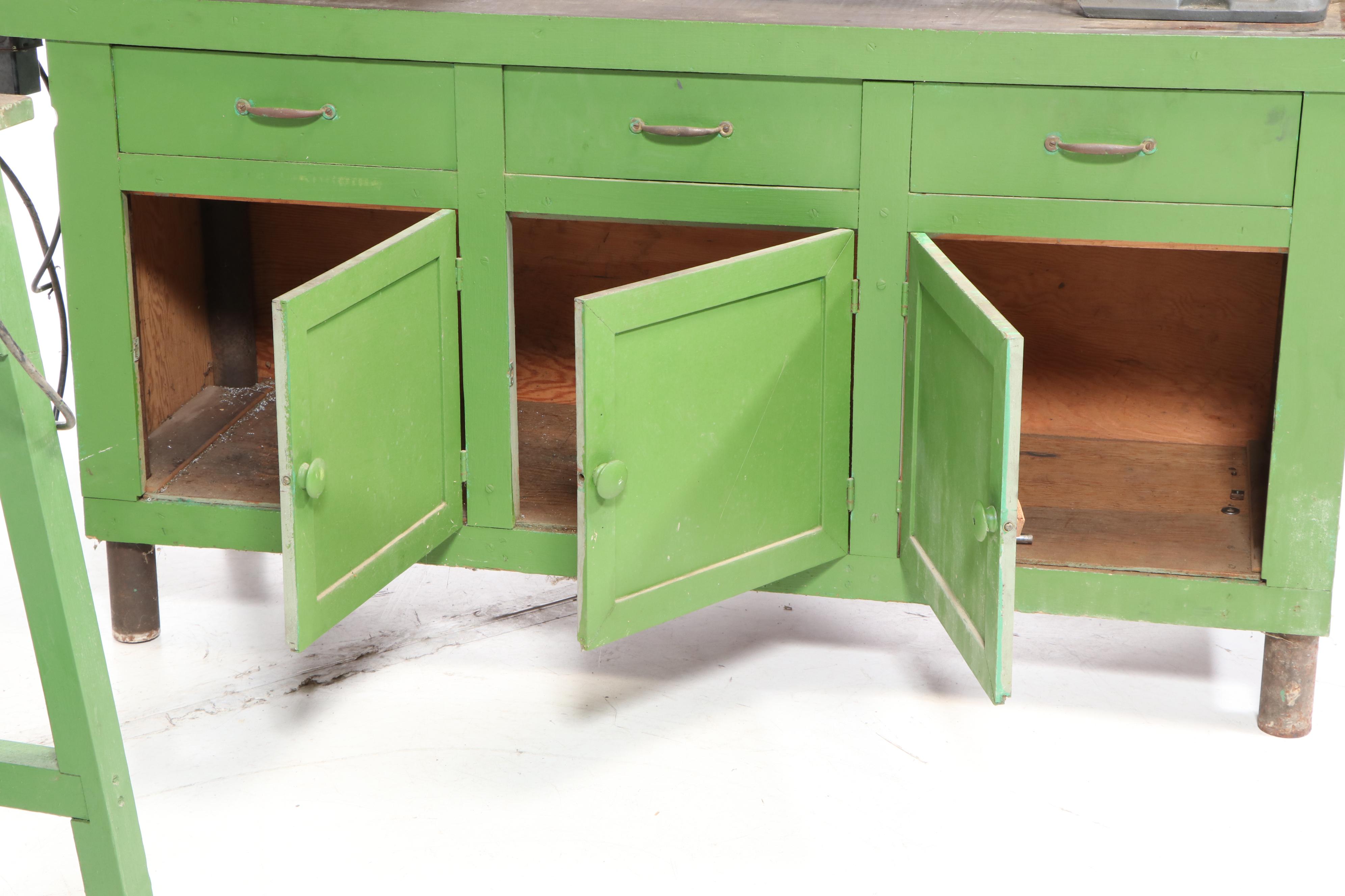 Atlas Lathe, Workbench and Craftsman Table Saw with Various Hand Tools