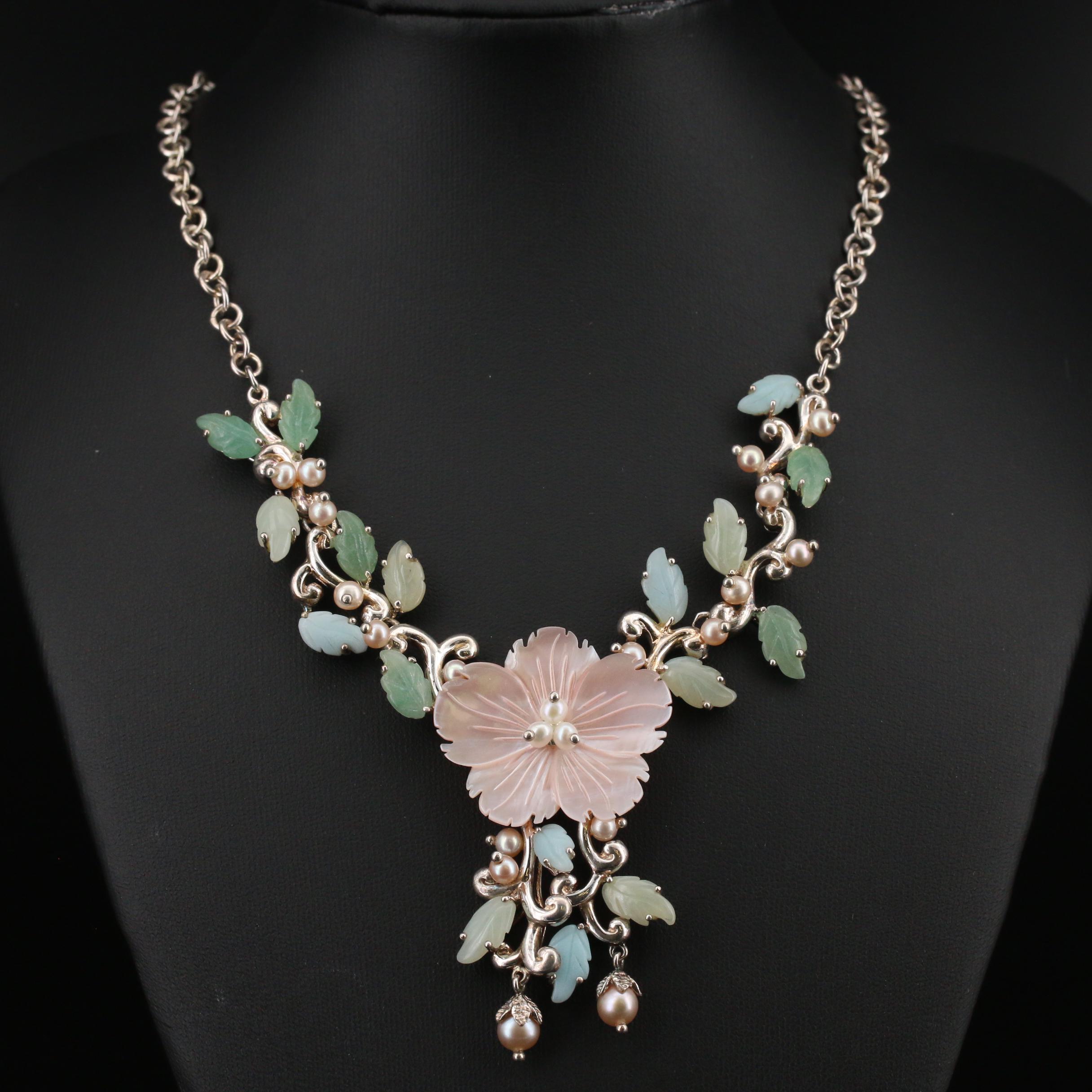 Whitney Kelly Sterling Silver Mother of Pearl and Amazonite Foliate Necklace