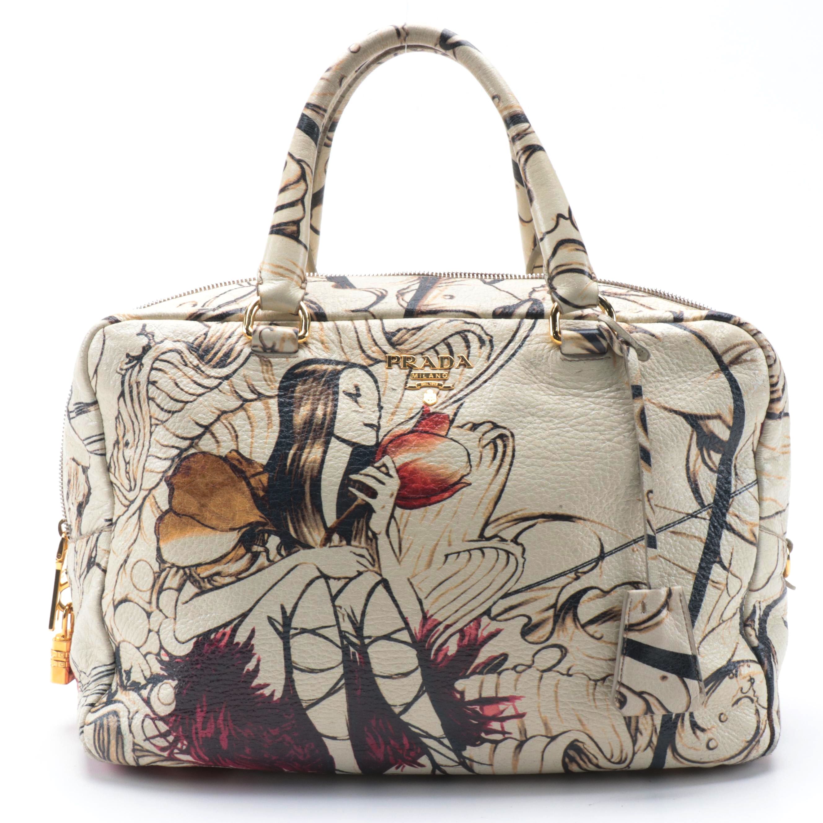Prada Limited Edition Bauletto Handbag in Fairy Print Cervo Leather