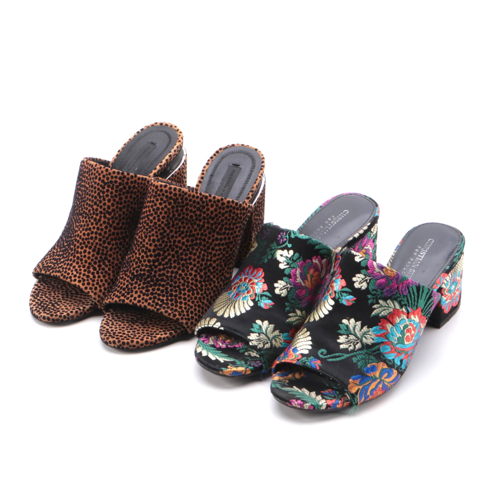 Alexander Wang Avery Flocked Suede and Christian Siriano Brocade Mules