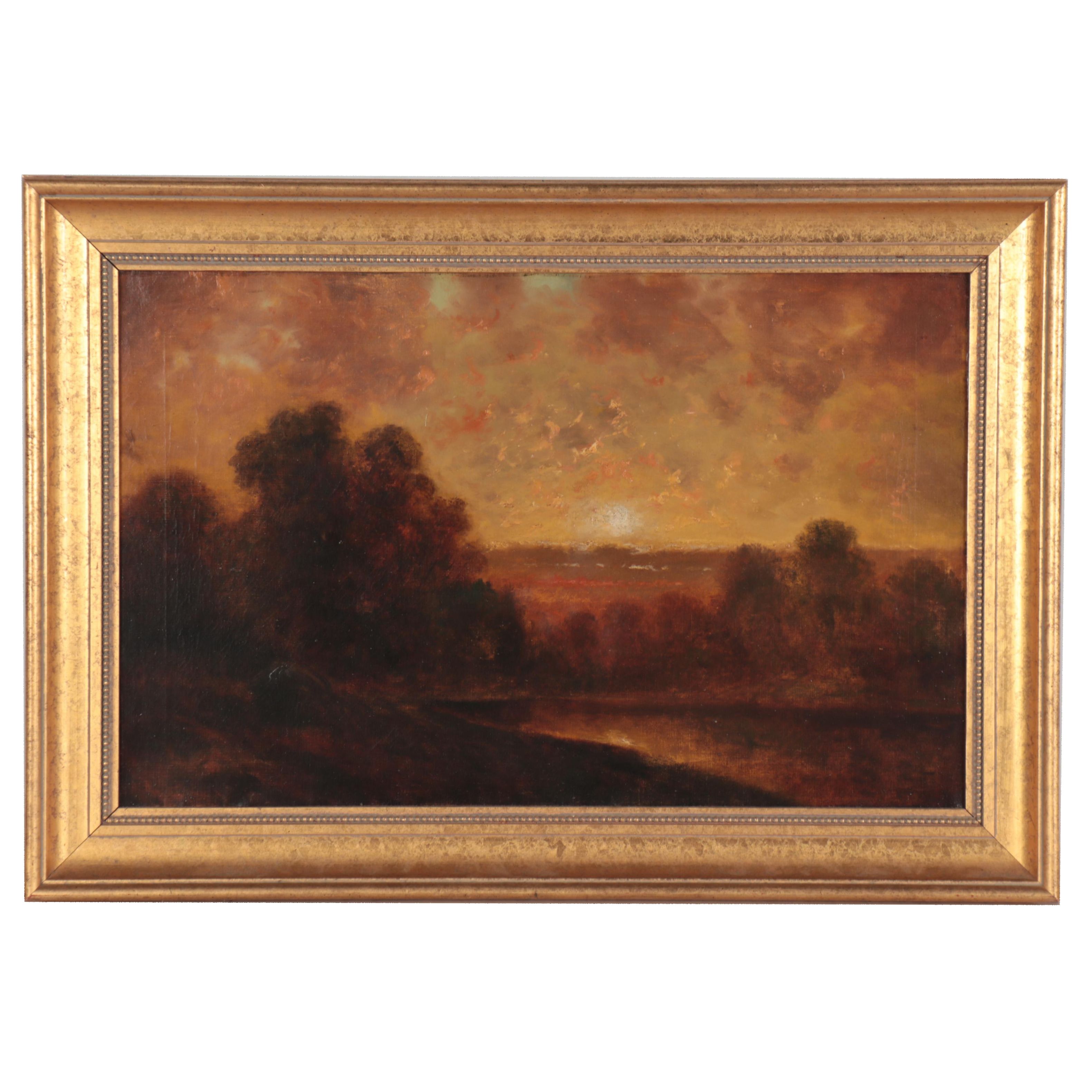 Tonalist Sunset Landscape Oil Painting, Early 20th Century