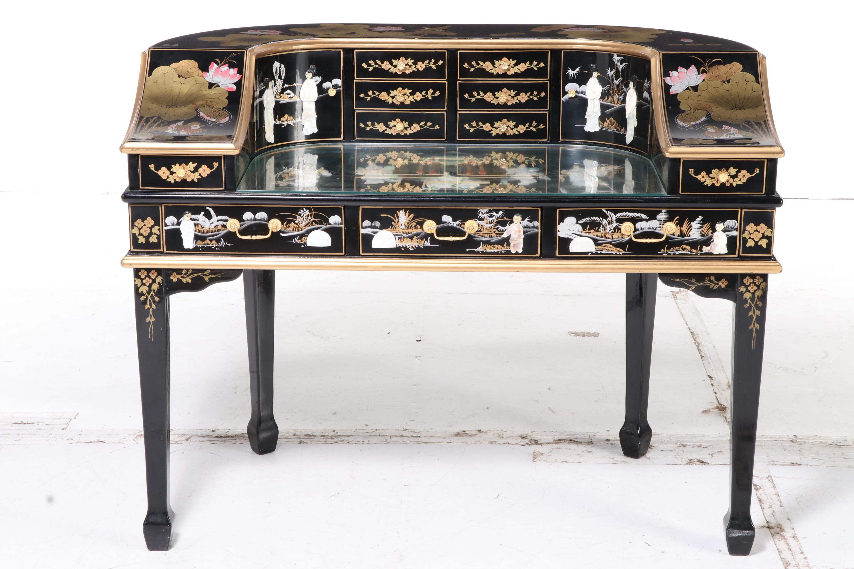 Chinese Black Lacquered and Mother-of-Pearl Inlaid Harpsichord Desk with Chair