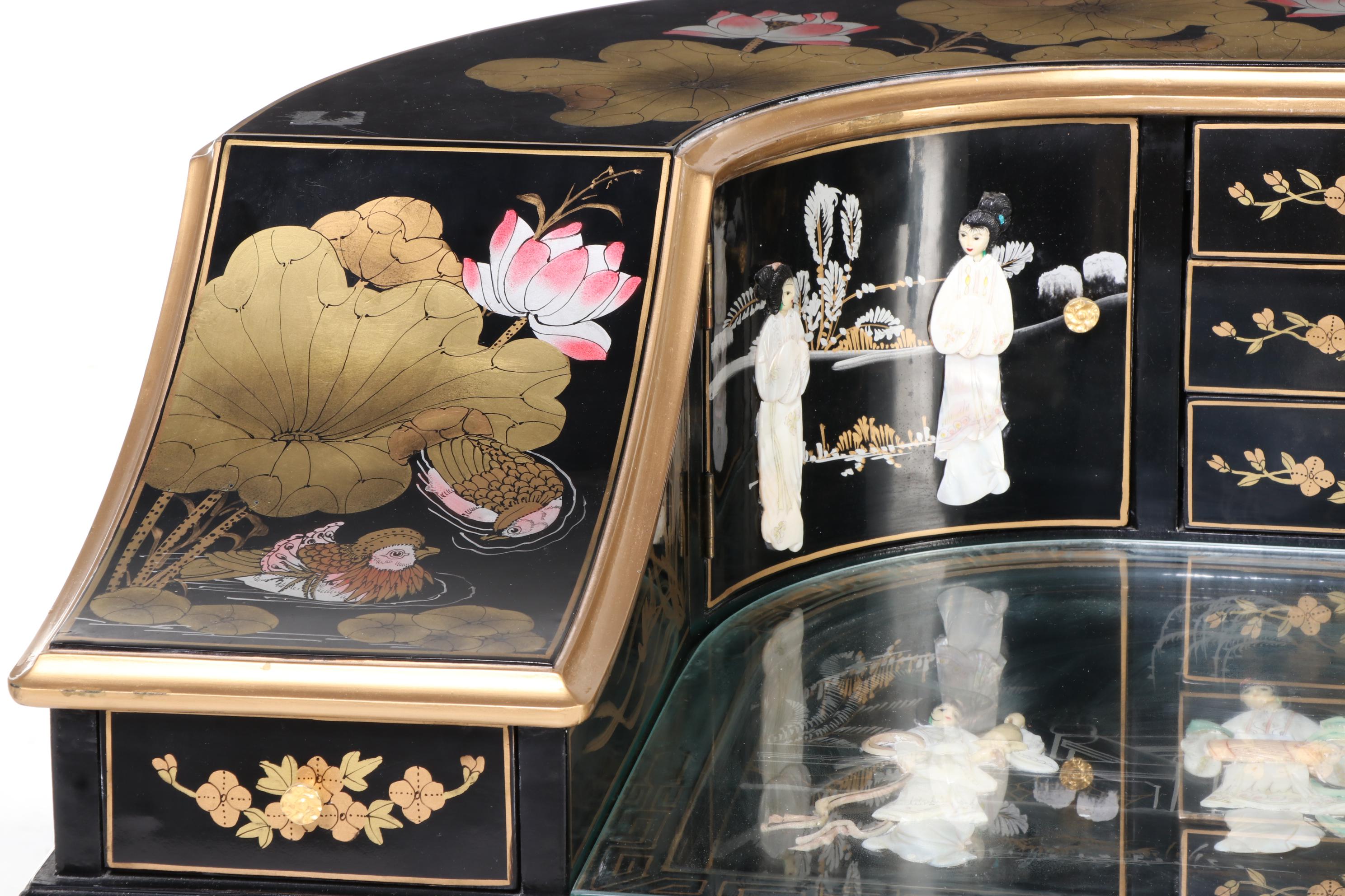 Chinese Black Lacquered and Mother-of-Pearl Inlaid Harpsichord Desk with Chair