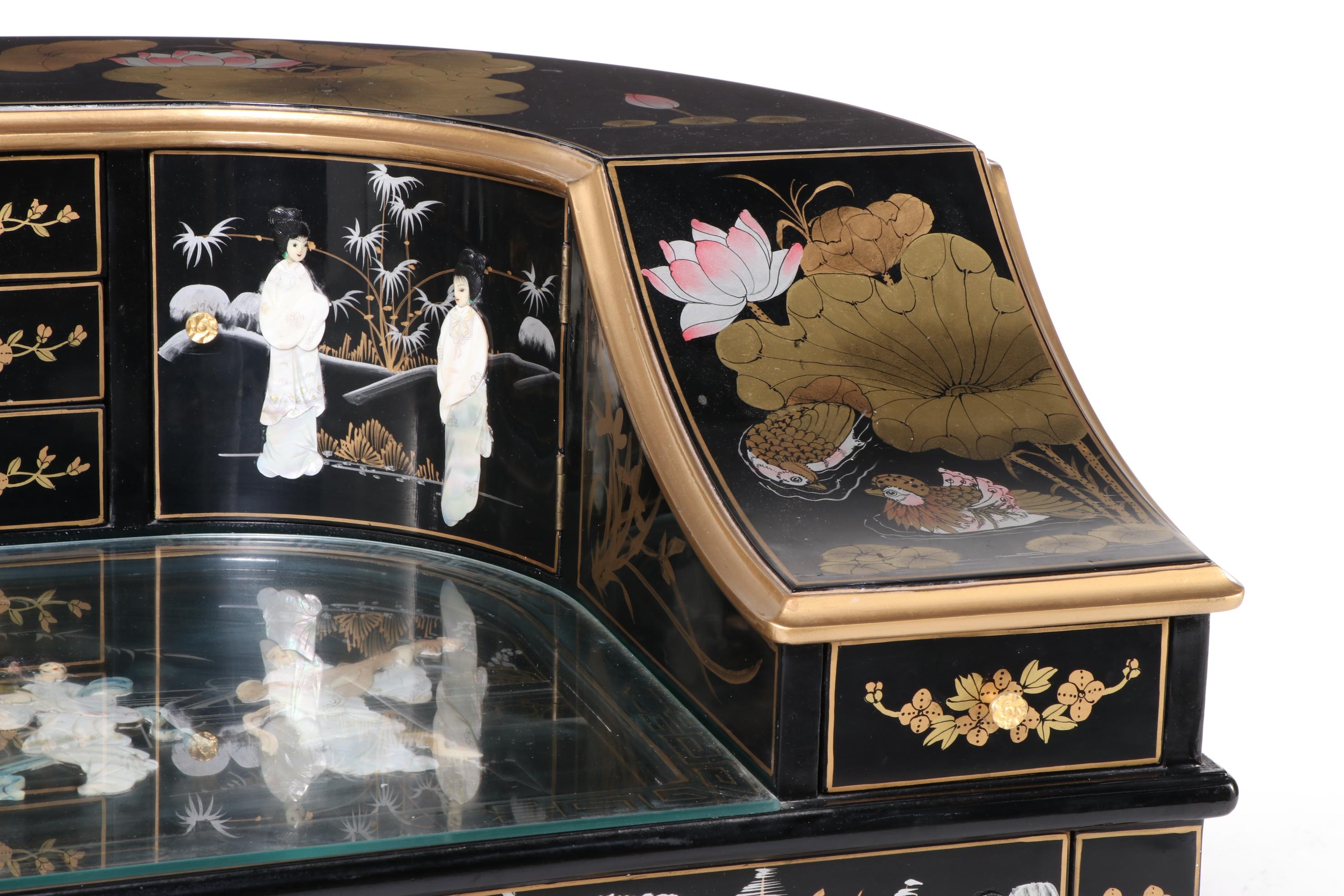 Chinese Black Lacquered and Mother-of-Pearl Inlaid Harpsichord Desk with Chair