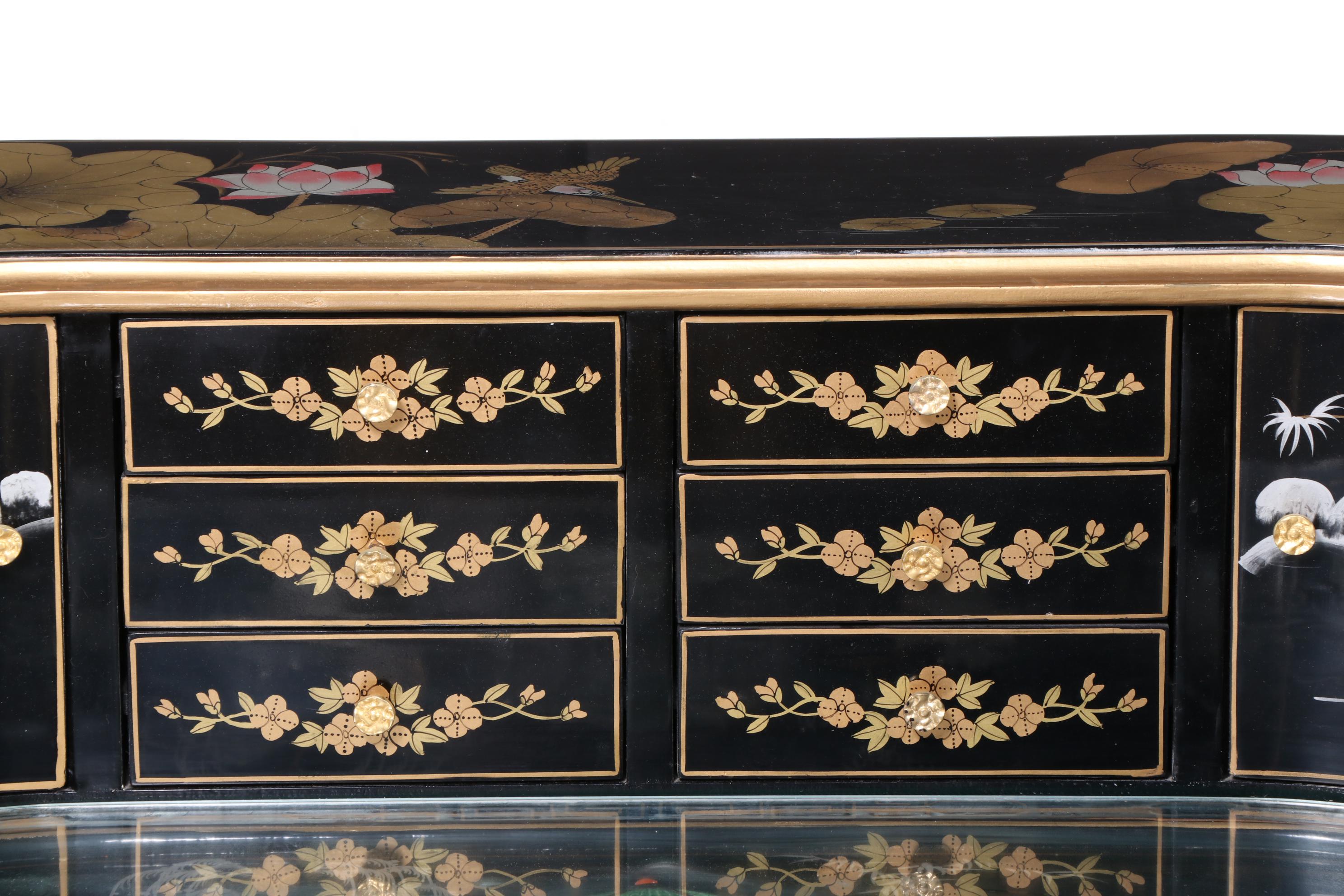 Chinese Black Lacquered and Mother-of-Pearl Inlaid Harpsichord Desk with Chair