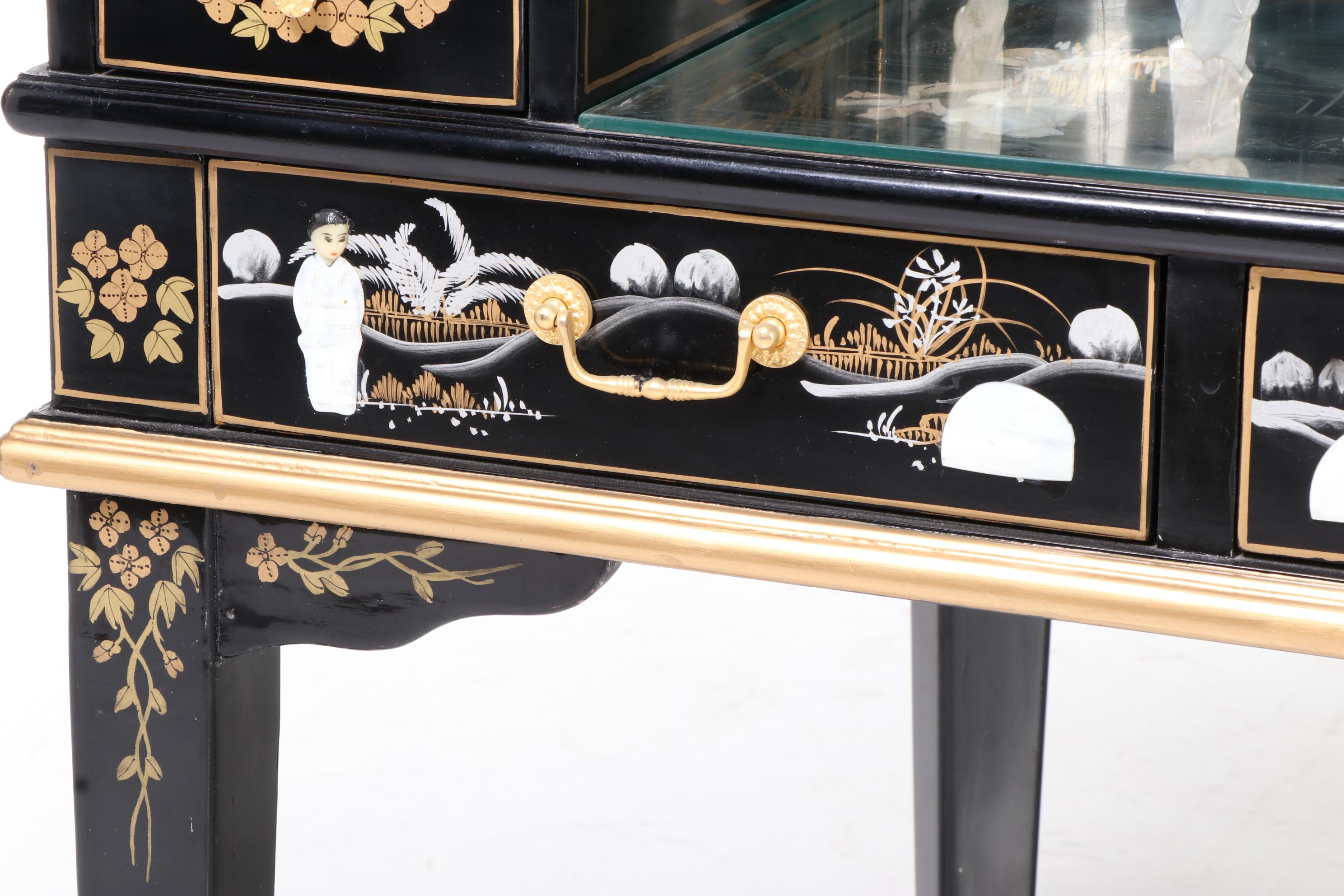 Chinese Black Lacquered and Mother-of-Pearl Inlaid Harpsichord Desk with Chair