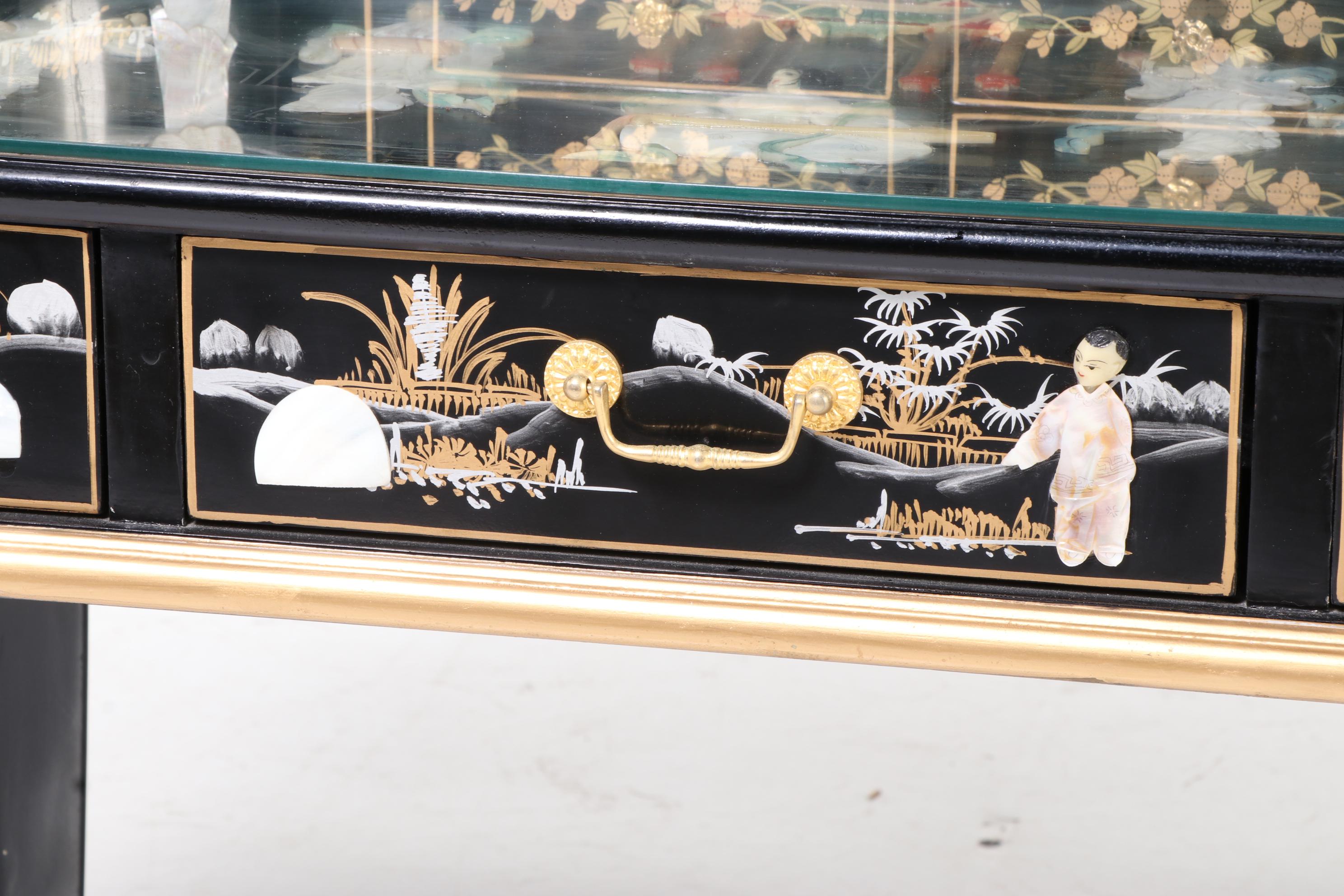 Chinese Black Lacquered and Mother-of-Pearl Inlaid Harpsichord Desk with Chair