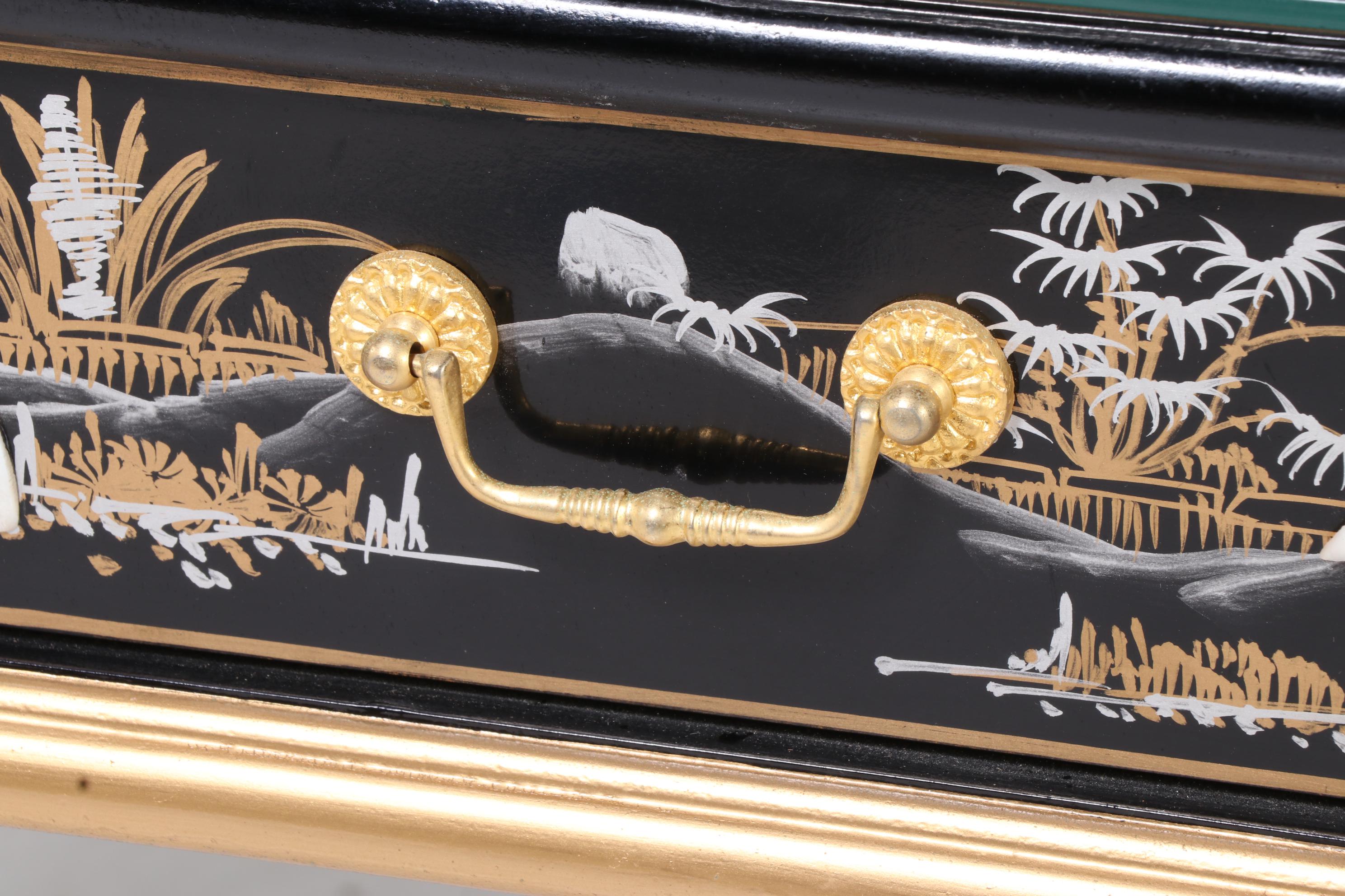 Chinese Black Lacquered and Mother-of-Pearl Inlaid Harpsichord Desk with Chair